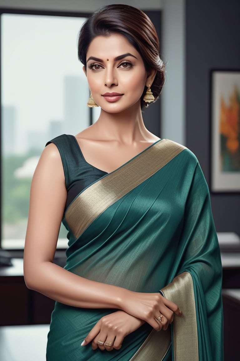 create a hyper realistic vertical photo of Indian most attractive woman in her 50s, Trendsetter wolf cut hair, trending on artstation, portrait, digital art, modern, sleek, highly detailed, formal, determined, wearing cotton saree, in luxurious office, 36D , fairy tone, fair skin, flirty gaze, anne hathway, no bindi