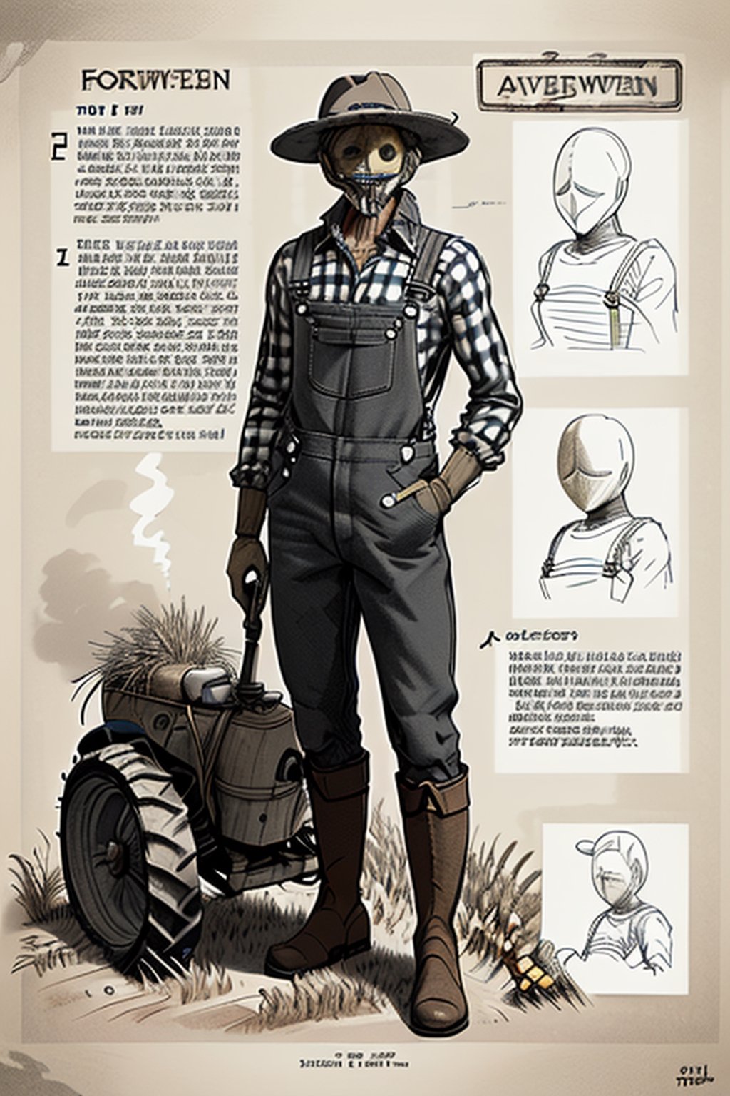 draft, outline, monochrome,  reference sheet, how to build a scarecrow with old overalls with holes, old clothing, tractor and cornfield. Straw coming out of scarecrow boots and sleeves, checkered shirt, smoking a pipe, whiskey bottle in pocket