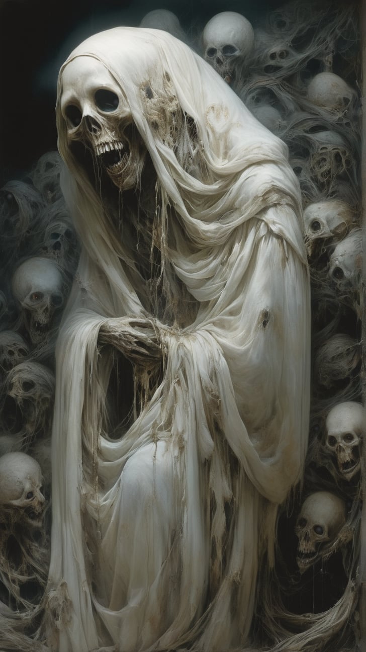 A grotesque Pocong, a ghostly figure wrapped in a death shroud, with hollow, sunken eyes and an eerie ability to hop after its victims, MASTERPIECE by Aaron Horkey and Jeremy Mann, sharp, masterpiece, best quality, Photorealistic, ultra-high resolution, photographic light, illustration by MSchiffer, Hyper detailed
