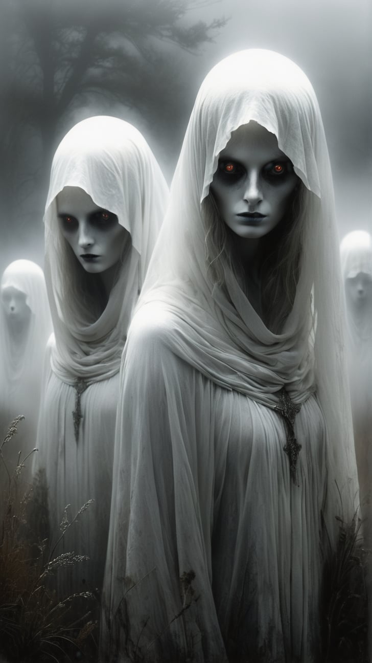 Netherlands: The Witte Wieven - ghostly, white-clad female spirits with hollow, glowing eyes. Place them in a foggy heathland or ancient burial site, shrouded in mist and mystery, MASTERPIECE by Aaron Horkey and Jeremy Mann, sharp, masterpiece, best quality, Photorealistic, ultra-high resolution, photographic light, illustration by MSchiffer, Hyper detailed