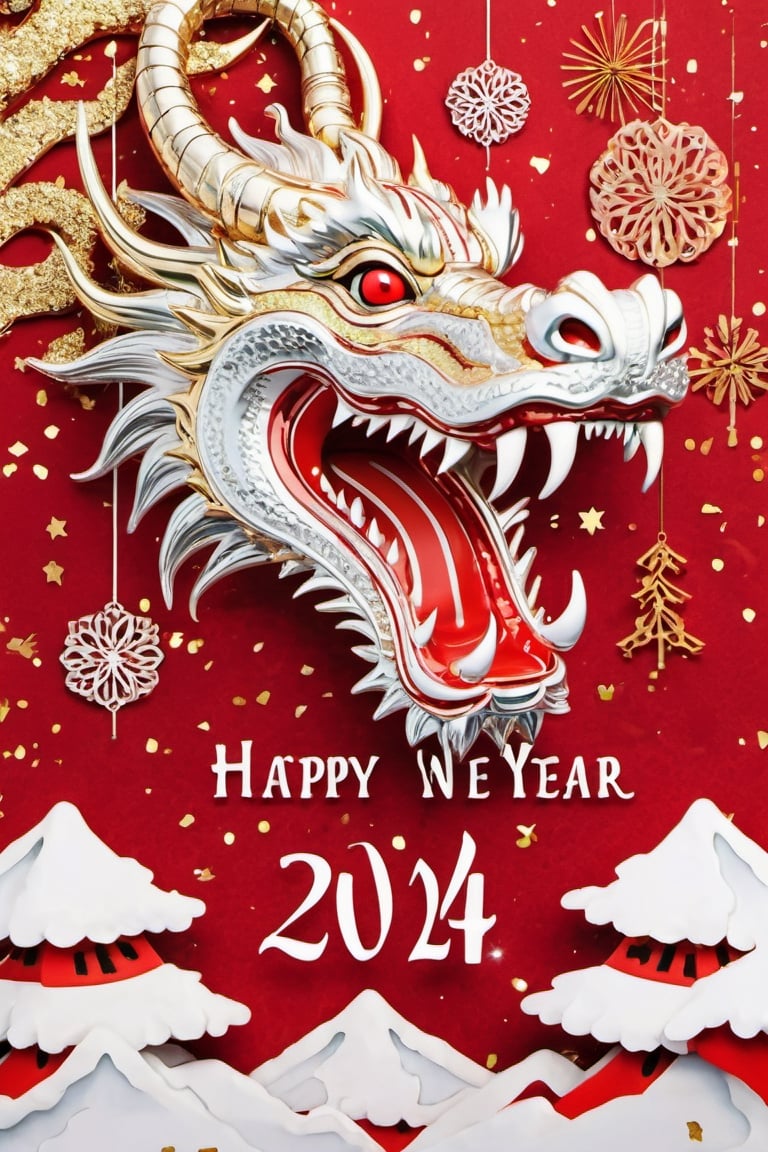 ((gold and silver Japanese dragon)), ((red and white board "HAPPY NEW YEAR ２０２４" text on it)), super detailed, splash, glitter, cute and adorable, filigree, light, fluffy, magical, surr, (Mt.fuji), ((backgrand sky))