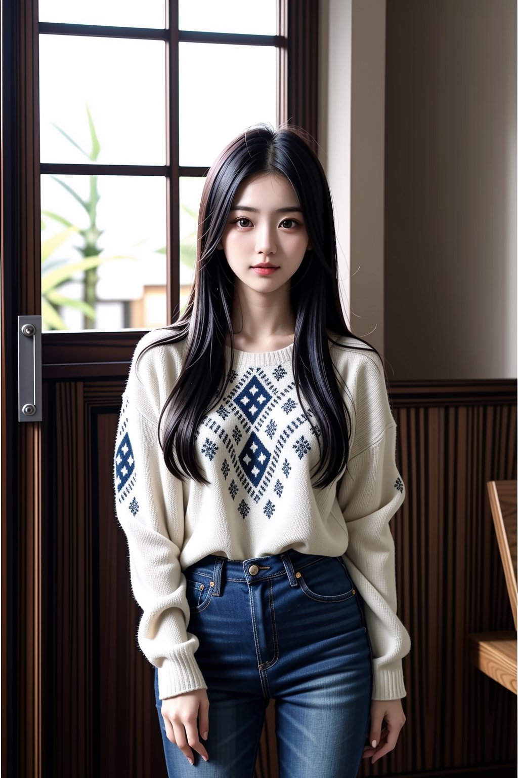 Lovely cute young attractive Japanes girl, 20 years old, cute, Instagram model, long black_hair, colorful hair,  They are wearing a white, patterned sweater and blue jeans. The background is bright, with sunlight streaming in through windows or open doors,<lora:659111690174031528:1.0>