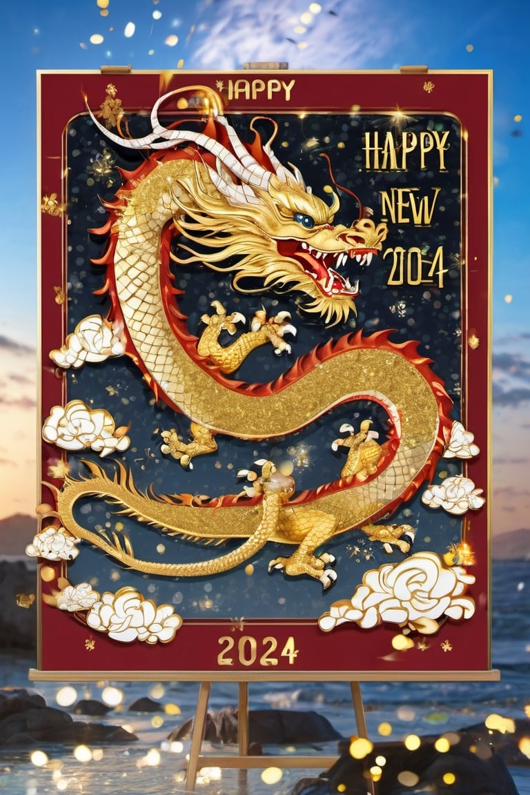 ((Gold and silver Japanese dragon)), ((The words "Happy New Year ２０２４" on the board)), Super detailed, Splash, Glitter, ((Background is the sky))