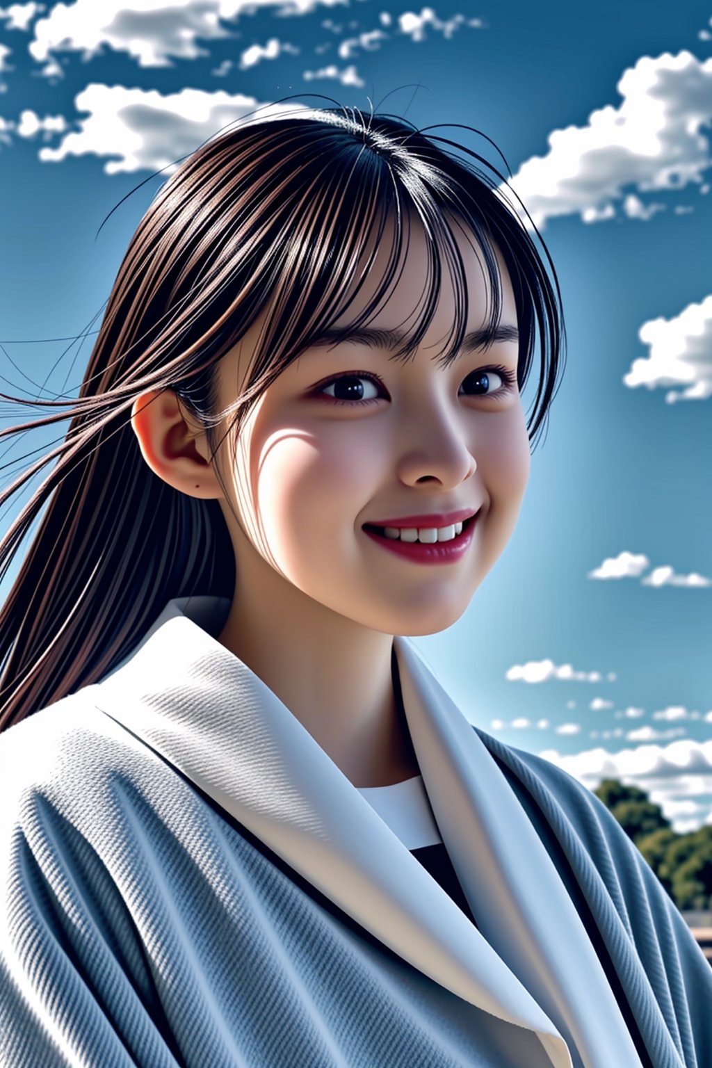 big white clouds moving in a light blue sky, very luminous, 8k, realistic, fluffy, soft, kawaiitech,  natural smile,<lora:659111690174031528:1.0>