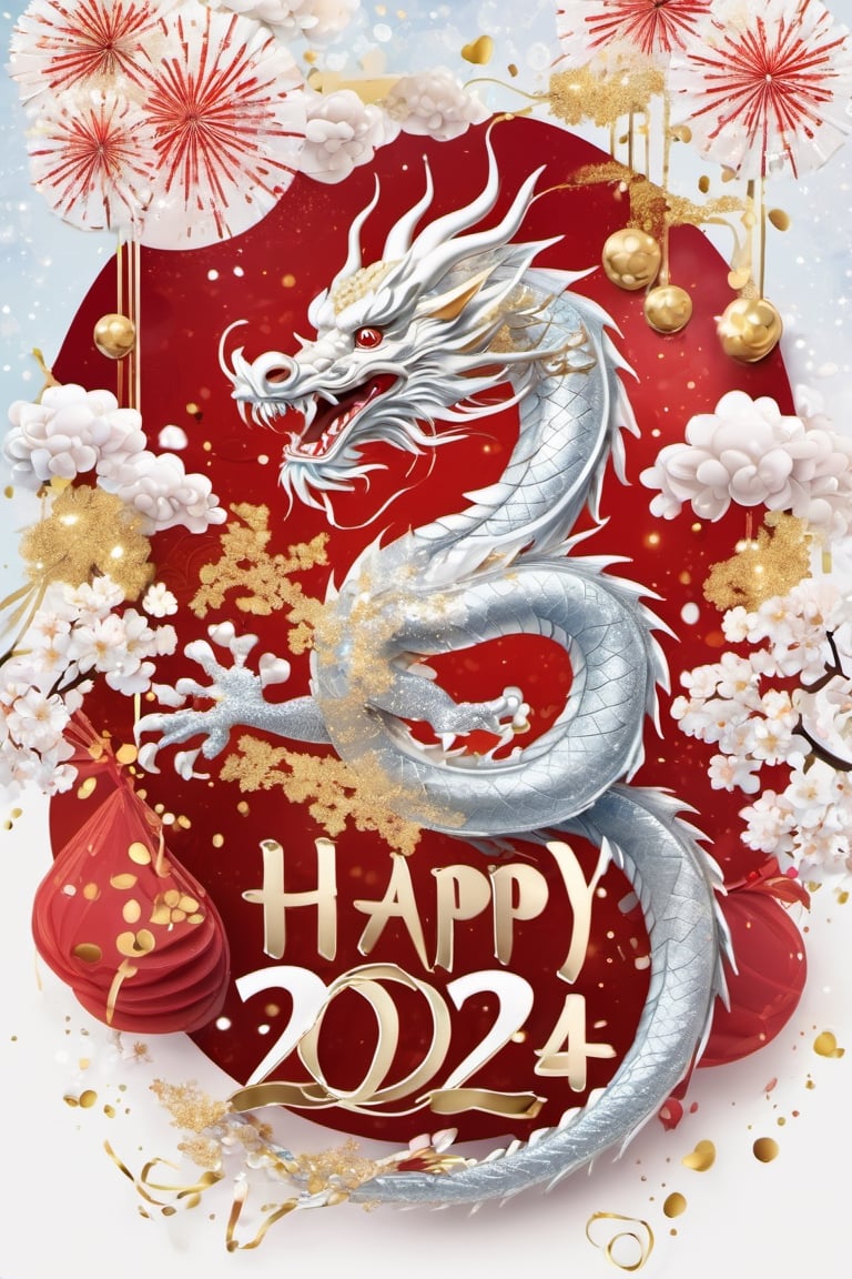 ((gold and silver Japanese dragon)), ((red and white ribbon "HAPPY NEW YEAR ２０２４" text on it)), super detailed, splash, glitter, cute and adorable, filigree, light, fluffy, magical, surr, (Mt.fuji), backgrand blue-sky