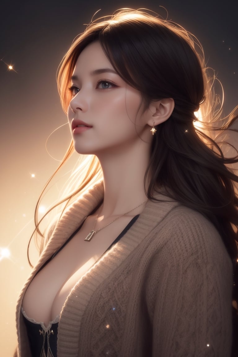 masterpiece, high quality, realistic aesthetic photo ,(HDR:1.3), pore and detailed, intricate detailed, graceful and beautiful textures, RAW photo, 16K, (bokeh:1.2), cinematic lighting, diffused light, head liting, cool tone, high contrast, ((majic fantasy theme:1.2)),  focus on girl, (large breast:1.2)
[nordic : japanese: 0.5] girl, 26yo, beautiful face, white cleavage cutout oversize shirt, pink cardigan, black mini-skirt, beutiful dark-brown wavy long hair, hair tied back, (beautiful black eyes), smooth skin, juicy lips, eye_shadow, pendant, earing,                                                                                       high detailed, ultra detailed, 9x16 aspect ratio, 
high resolution, world-class official images, impressive visual, perfect composition, (from below:1.1), (sparkling small particles:1.3), smile