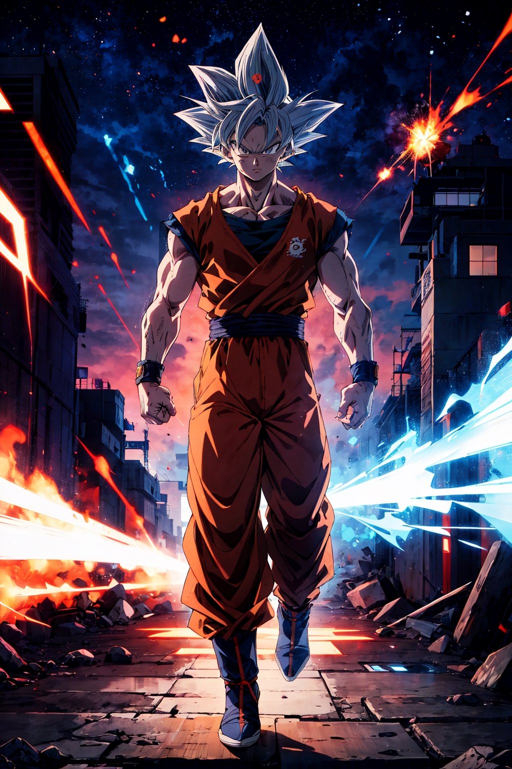 highly detailed, masterpiece, high quality, beautiful, full-body shot, son goku, son goku standing, ultra instinct, aura power, navyblue t-shirt, ((orange pants)), Insane detail in face, serious expression, closed mouth, slim, arms down, charging power, grey eyes, white hair