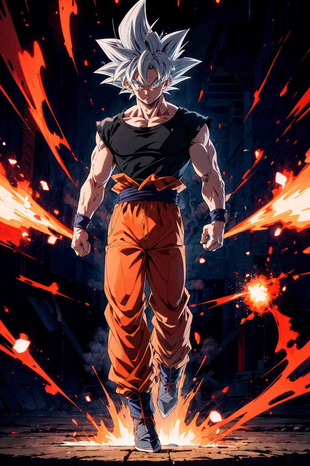 highly detailed, masterpiece, high quality, beautiful, full-body shot, son goku, son goku standing, ultra instinct, aura power, black t-shirt, ((orange pants)), Insane detail in face, serious expression, closed mouth, slim, arms down, charging power, grey eyes, white hair