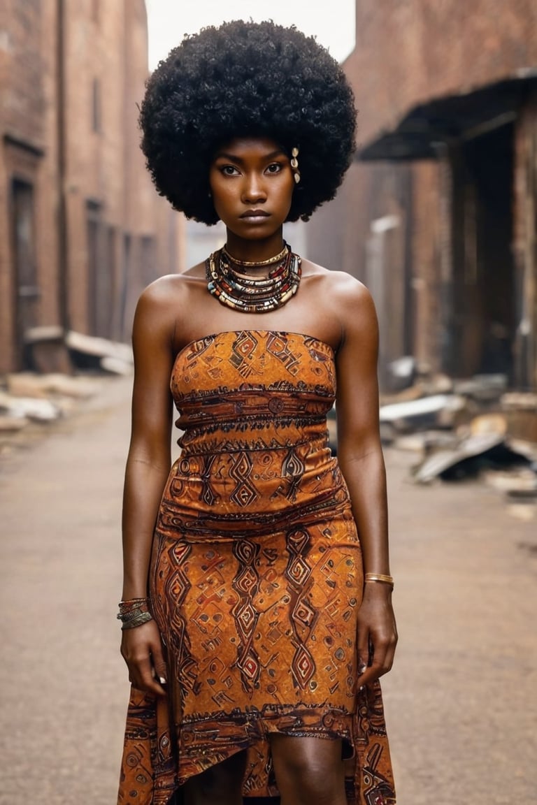 dark skin girl, afro, wearing her elegant tribal dress, focused look, in the post apocalyptic street, 