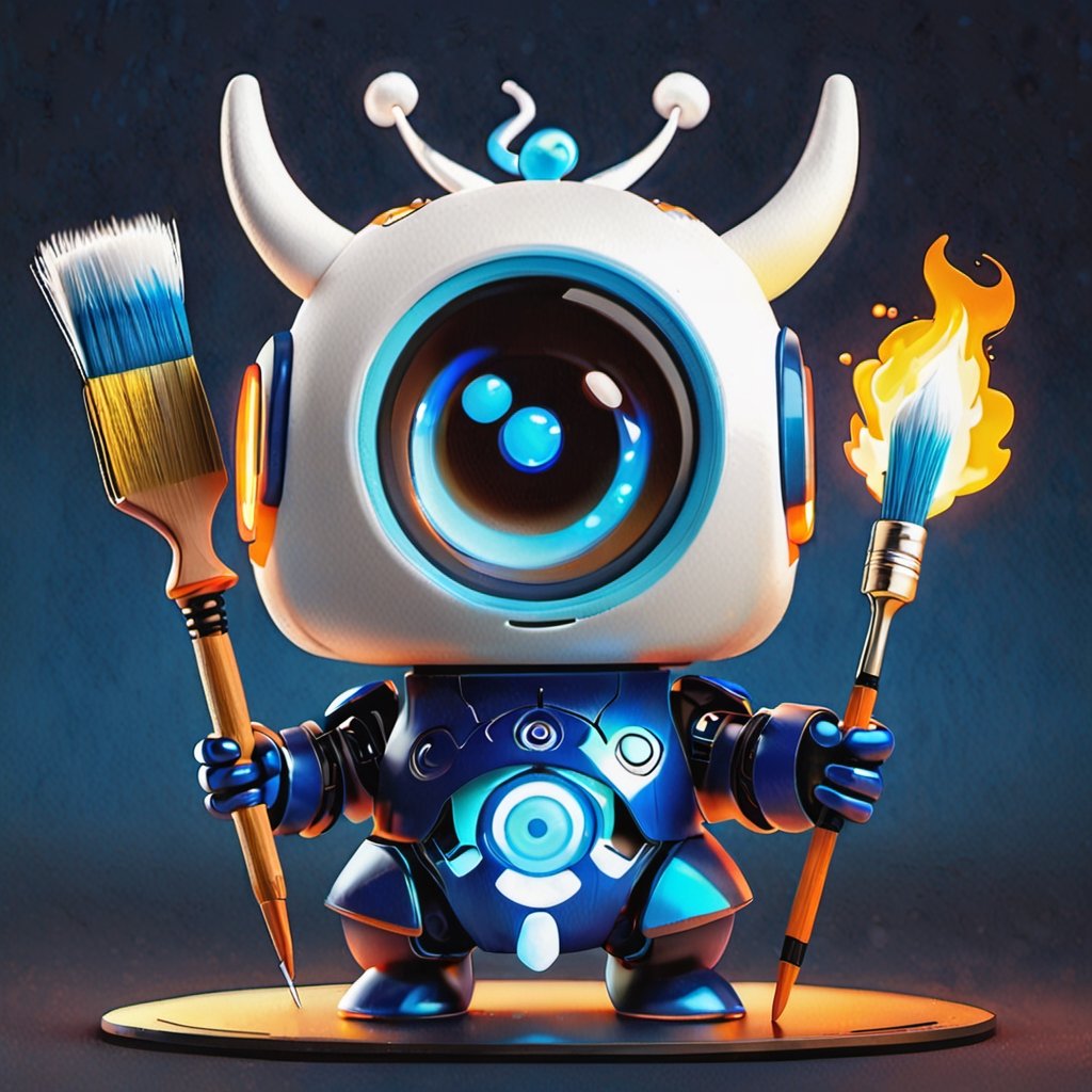 TenTen Mascot, micro designed cute marshmallow  monster, blue and white colored, minimalistic, 3d style, DonMCyb3rN3cr0XL ,Techno-witch, full body, holding a digital paintbrush, uses different colors for effects, palette, artificial intelligence,avatar cute