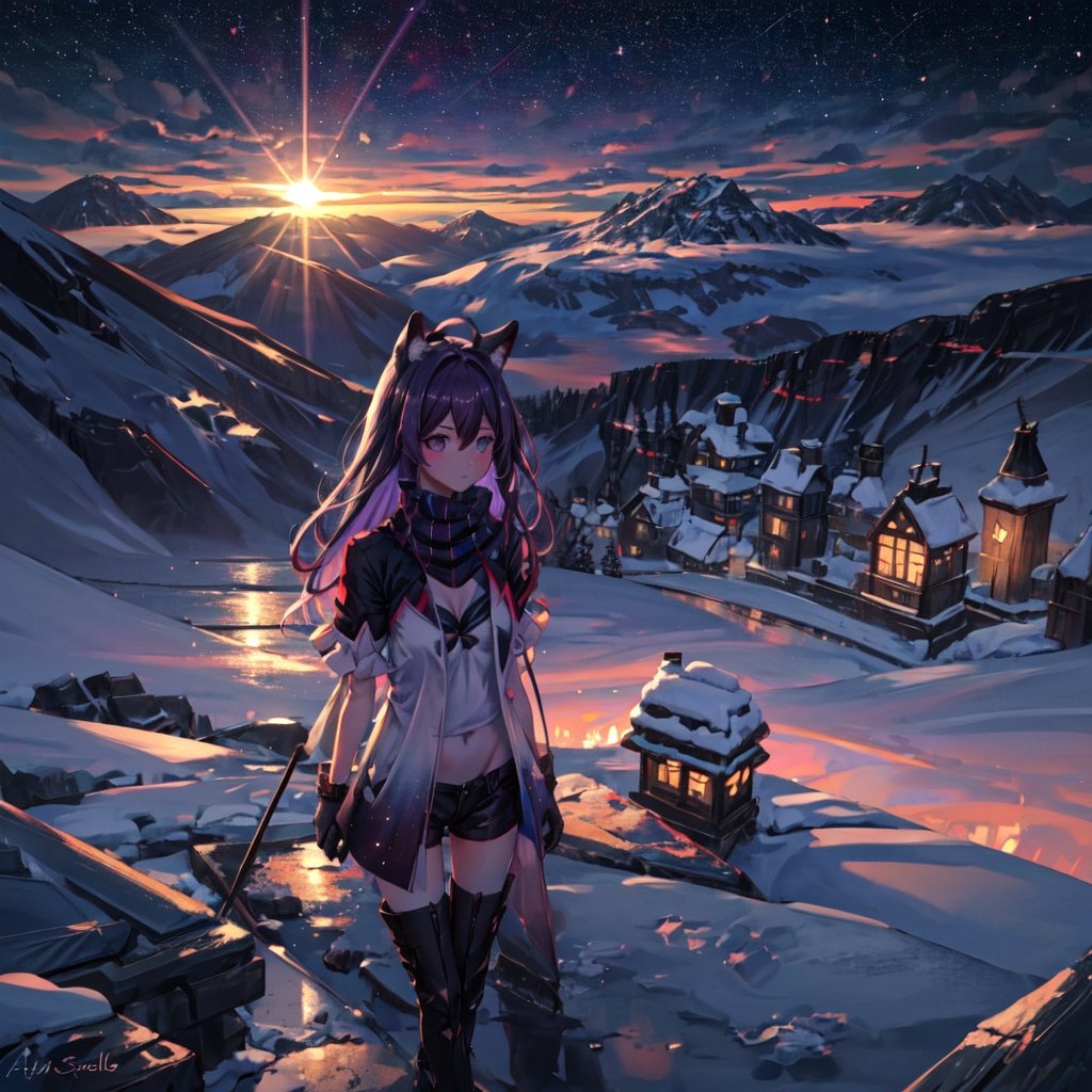 masterpiece,colorful,{best quality},detailed eyes,high constrast,ultra high res.,amidef,Seele is in a ice mountain seeing a huge glowing ice village with glowing nebula sky while the sun is setting down with big galaxy like stars.,giving a sad yet with a little hope. ,animal ears,long hair