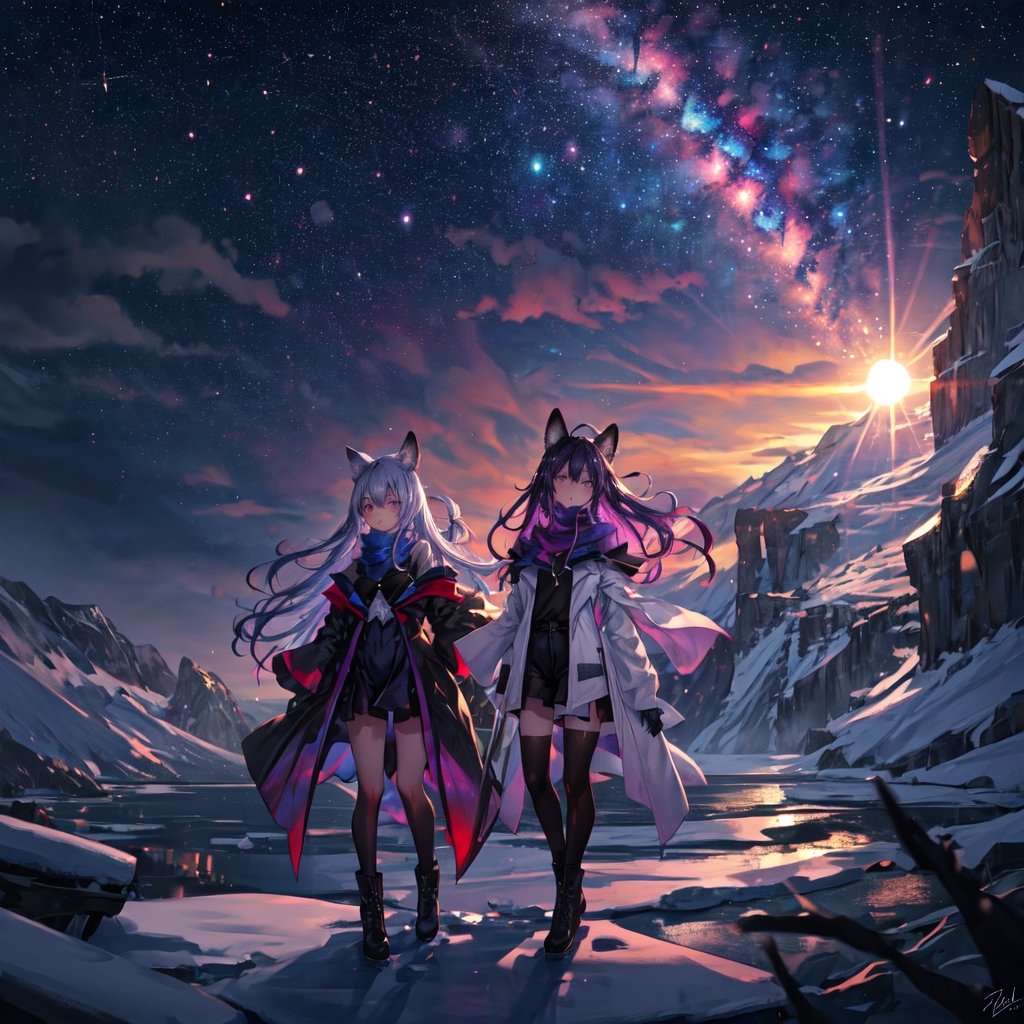 masterpiece,colorful,{best quality},detailed eyes,high constrast,ultra high res.,amidef,Seele is in a ice mountain seeing a huge glowing ice ravine with glowing nebula sky while the sun is setting down with big galaxy like stars.,giving a sad yet with a little hope. ,animal ears,long hair