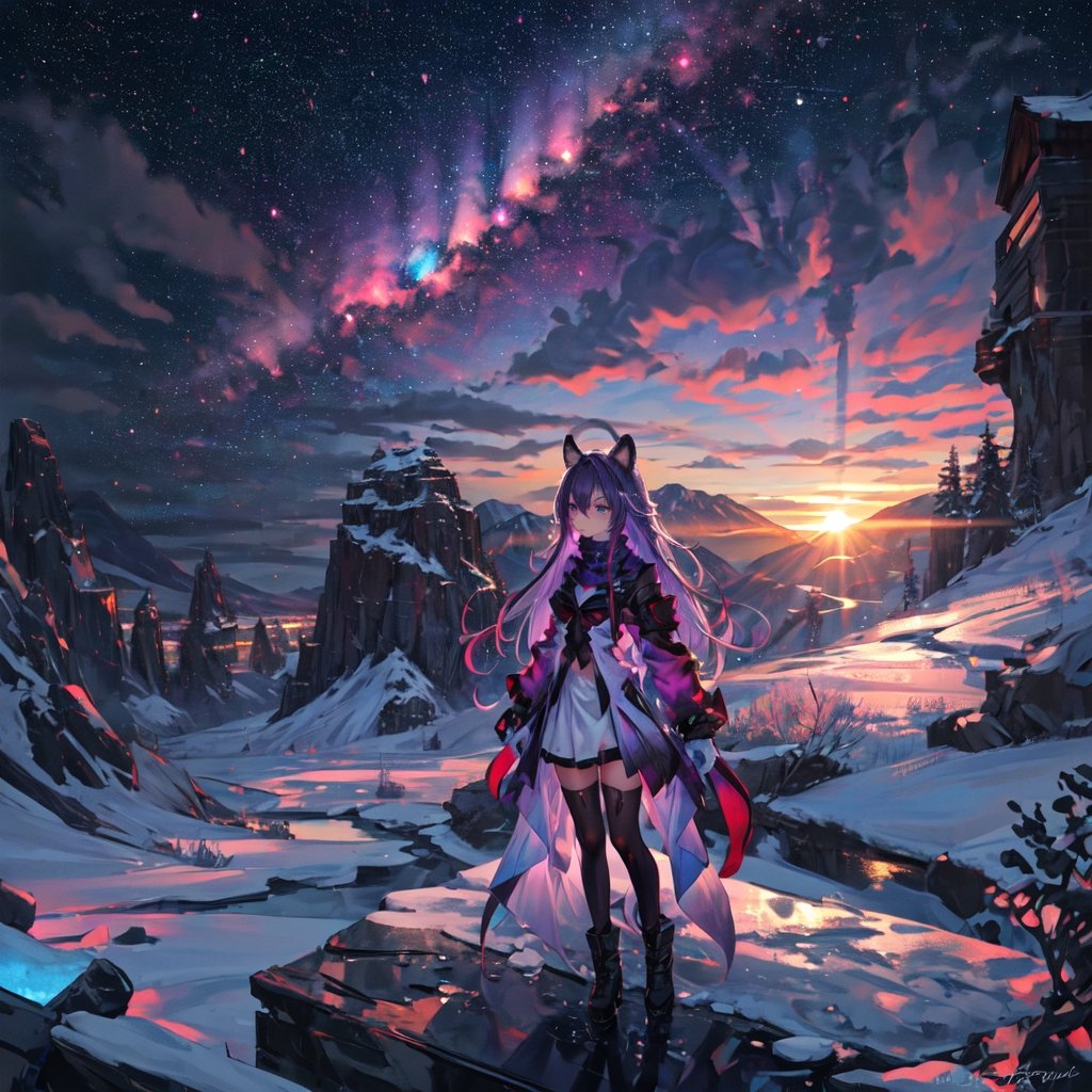 masterpiece,colorful,{best quality},detailed eyes,high constrast,ultra high res.,amidef,Seele is in a ice mountain seeing a huge glowing ice ravine with glowing nebula sky while the sun is setting down with big galaxy like stars.,giving a sad yet with a little hope. ,animal ears,long hair