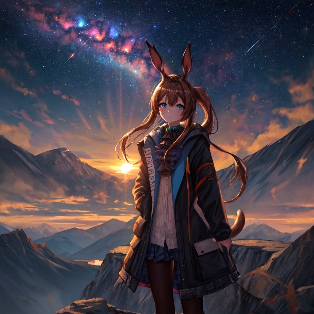 masterpiece,colorful,{best quality},detailed eyes,high constrast,ultra high res.,amidef,
amiya is in a mountain seeing a huge glowing ravine with glowing nebula sky while the sun is setting down with big galaxy like stars.,giving a sad yet with a little hope. ,animal ears
