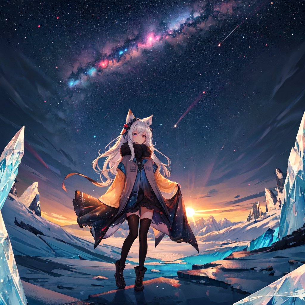 masterpiece,colorful,{best quality},detailed eyes,high constrast,ultra high res.,amidef,
amiya is in a ice mountain seeing a huge glowing ice ravine with glowing nebula sky while the sun is setting down with big galaxy like stars.,giving a sad yet with a little hope. ,animal ears