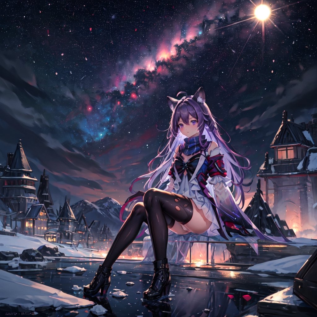 masterpiece,colorful,{best quality},detailed eyes,high constrast,ultra high res.,amidef,Seele is in a ice mountain seeing a huge glowing ice village with glowing nebula sky while the sun is setting down with big galaxy like stars.,giving a sad yet with a little hope. ,animal ears,long hair