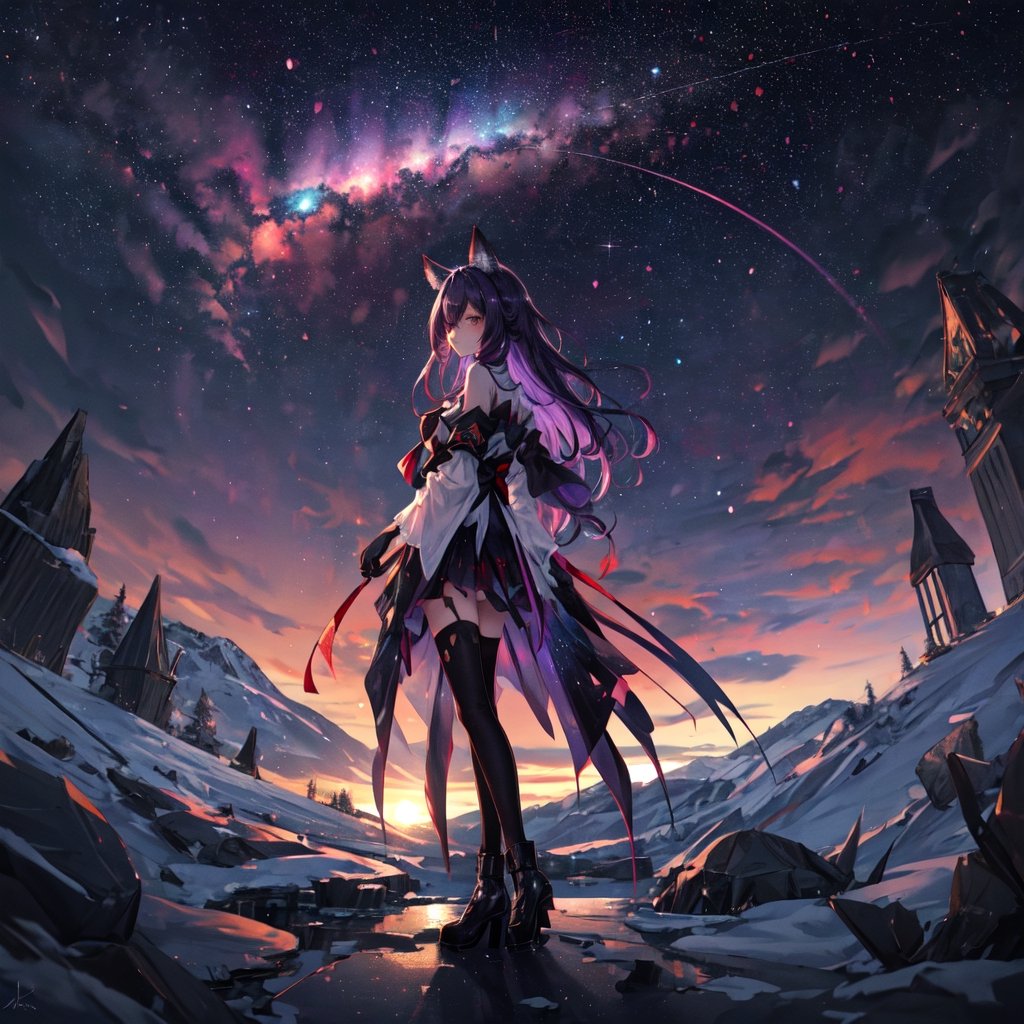 masterpiece,colorful,{best quality},detailed eyes,high constrast,ultra high res.,amidef,Seele is in a ice mountain seeing a huge glowing ice ravine with glowing nebula sky while the sun is setting down with big galaxy like stars.,giving a sad yet with a little hope. ,animal ears,long hair