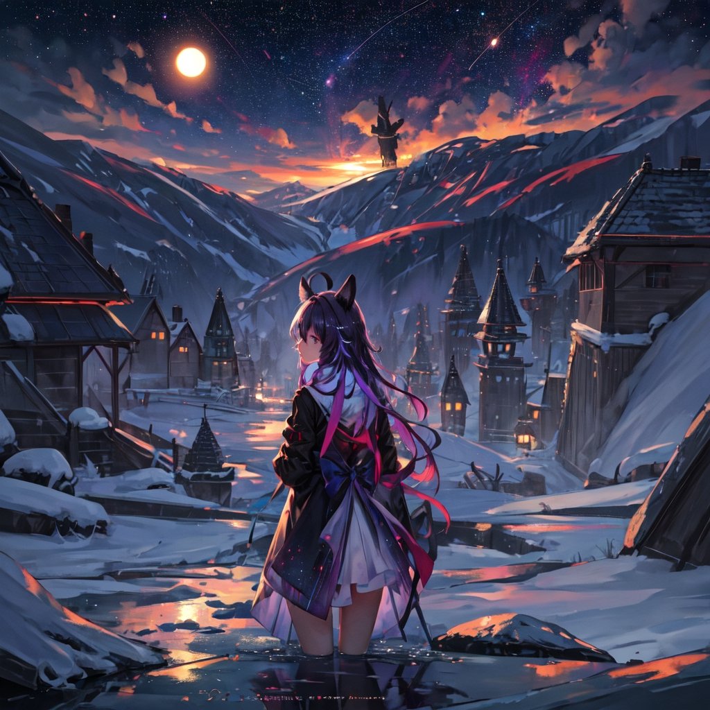 masterpiece,colorful,{best quality},detailed eyes,high constrast,ultra high res.,amidef,Seele is in a ice mountain seeing a huge glowing ice village with glowing nebula sky while the sun is setting down with big galaxy like stars.,giving a sad yet with a little hope. ,animal ears,long hair