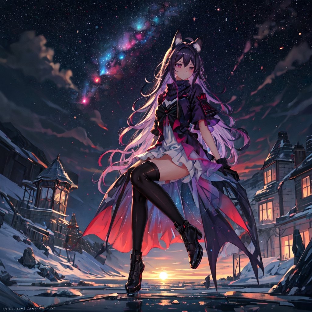 masterpiece,colorful,{best quality},detailed eyes,high constrast,ultra high res.,amidef,Seele is in a ice mountain seeing a huge glowing ice village with glowing nebula sky while the sun is setting down with big galaxy like stars.,giving a sad yet with a little hope. ,animal ears,long hair