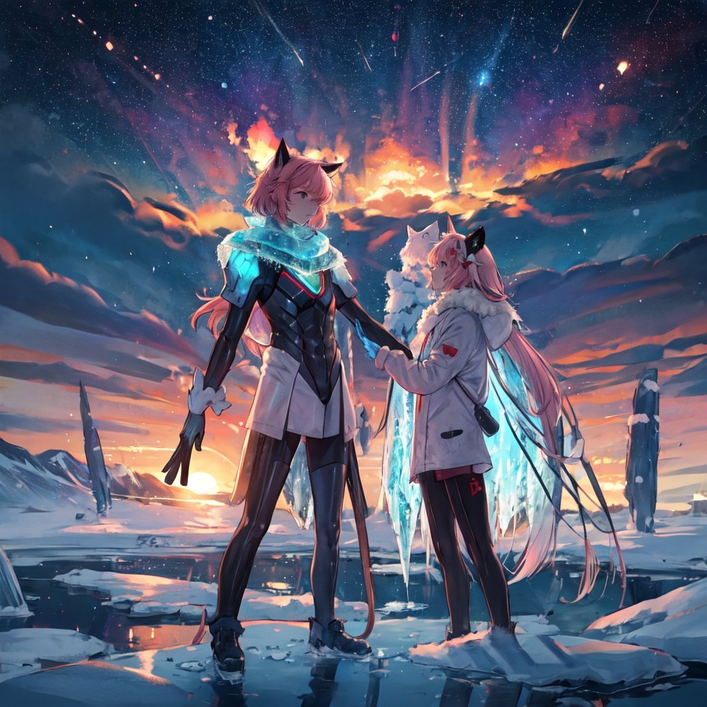 masterpiece,colorful,{best quality},detailed eyes,high constrast,ultra high res.,amidef,Seele is in a ice mountain seeing a huge glowing ice village with glowing nebula sky while the sun is setting down with big galaxy like stars.,giving a sad yet with a little hope. ,animal ears,long hair,hikaru1