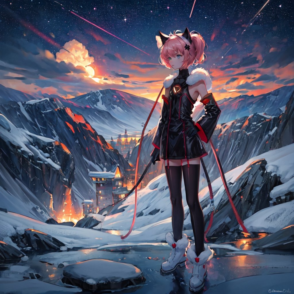 masterpiece,colorful,{best quality},detailed eyes,high constrast,ultra high res.,amidef,Seele is in a ice mountain seeing a huge glowing ice village with glowing nebula sky while the sun is setting down with big galaxy like stars.,giving a sad yet with a little hope. ,animal ears,long hair,hikaru1