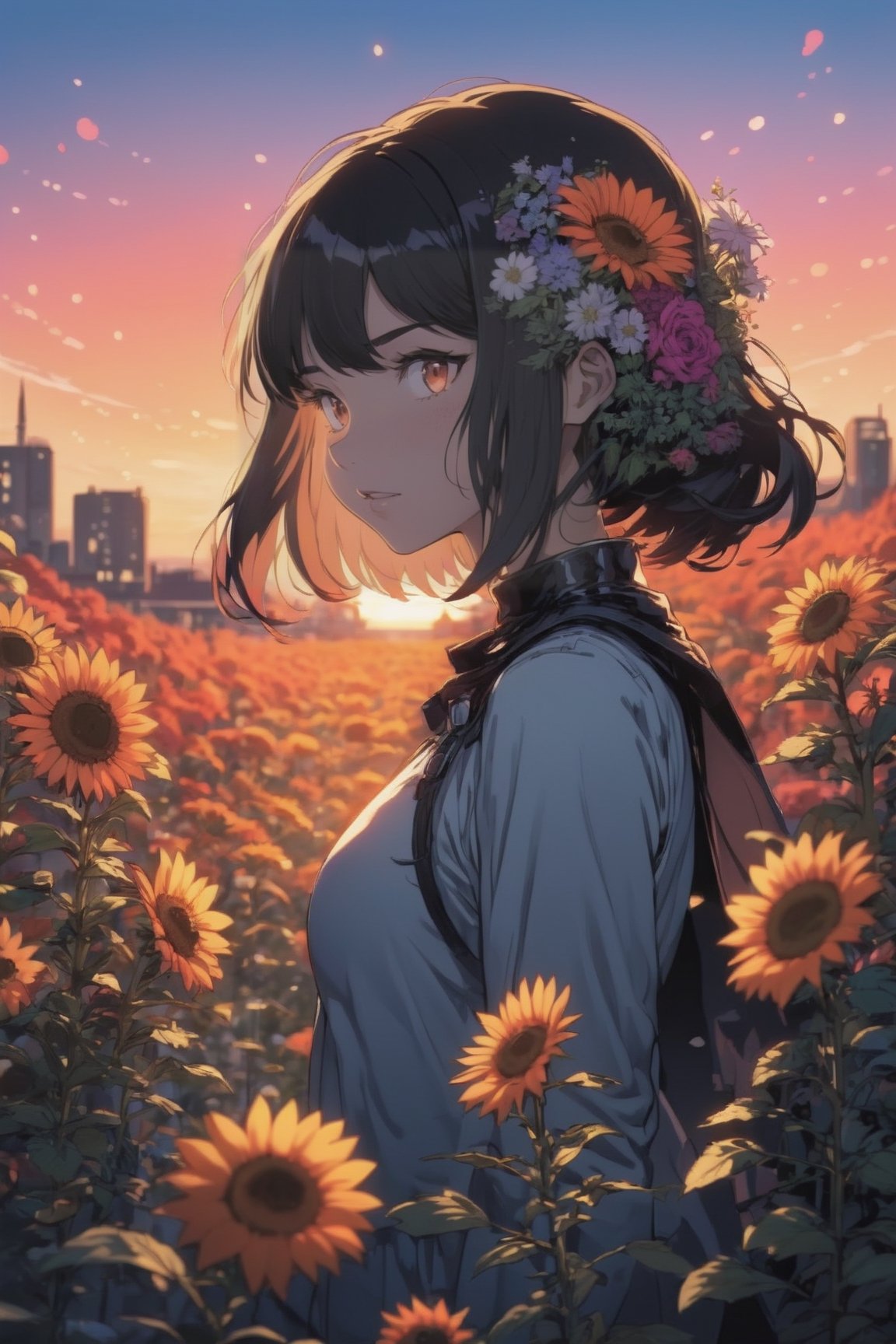 comic masterpiece,1girl, dense flowers, at Sunset, Bokeh, Horror, split lighting, Zoom lens , vibrant, highly detailed, moe,cyborg style