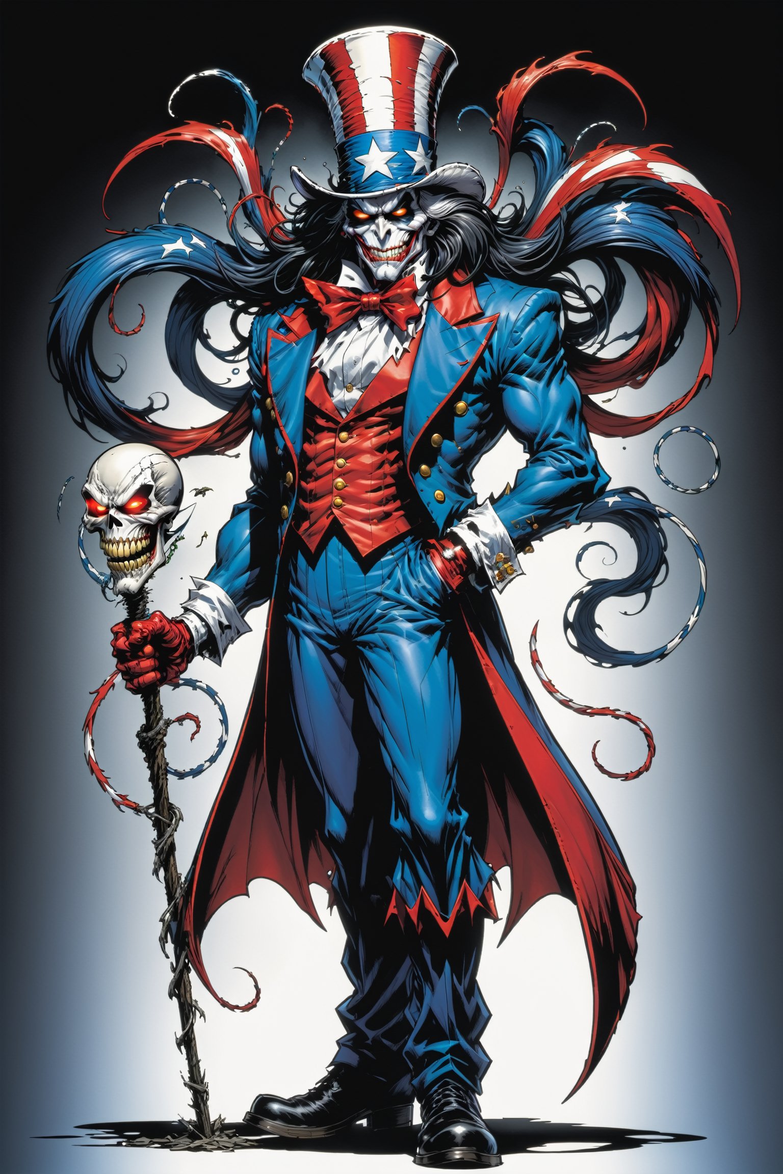 midshot, cel-shading style, centered image, ultra detailed illustration of the comic character ((Spawn Uncle Sam, by Todd McFarlane)), posing, long black long hair, ((she has a tiger tail)), Red white and blue, suit with a skull emblem,  ((Full Body)), (tetradic colors), inkpunk, ink lines, strong outlines, art by MSchiffer, bold traces, unframed, high contrast, cel-shaded, vector, 4k resolution, best quality, (chromatic aberration:1.8)