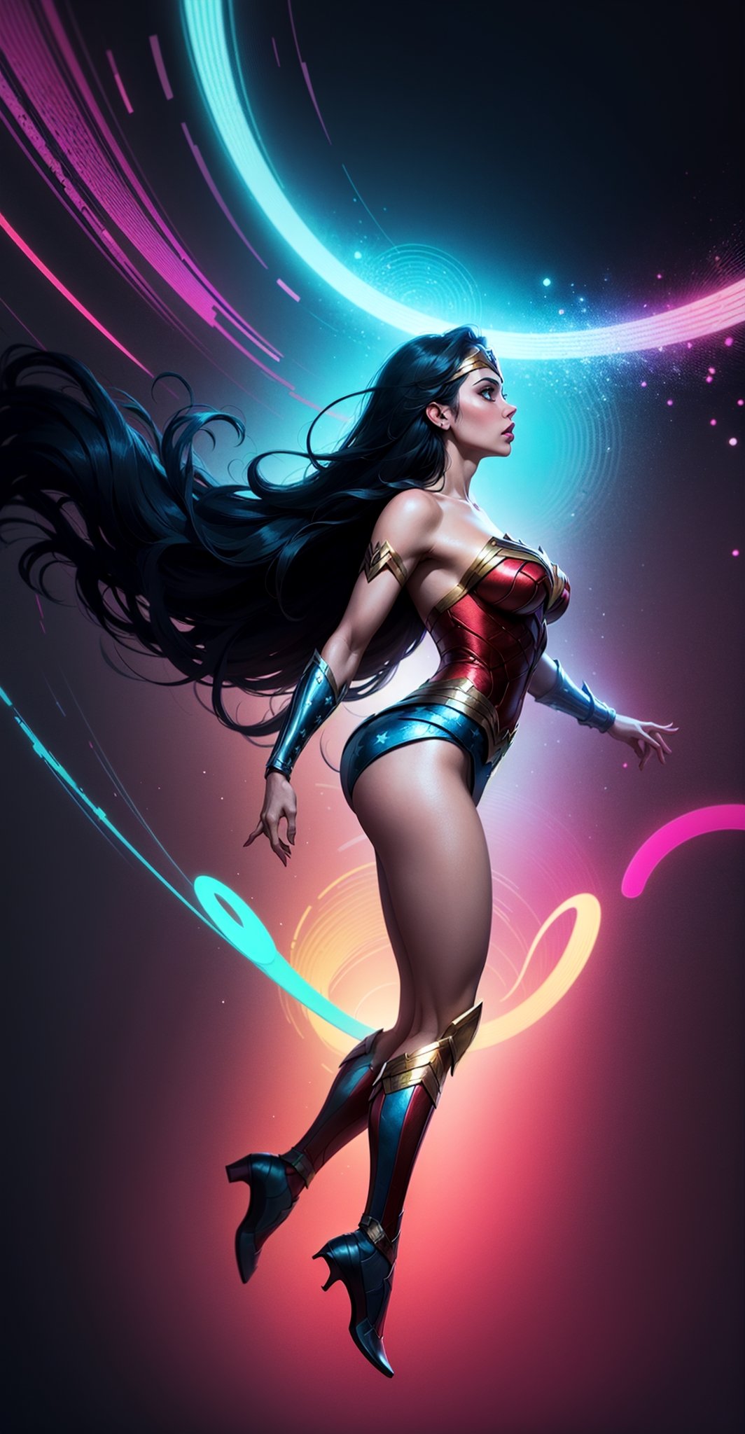 Wonder Woman (big tits),(( side view,)),((full body)),((floating in air)),masterpiece, best quality, ((abstract, psychedelic, neon, background)),(creative:1.3), sy3, SMM, fantasy00d