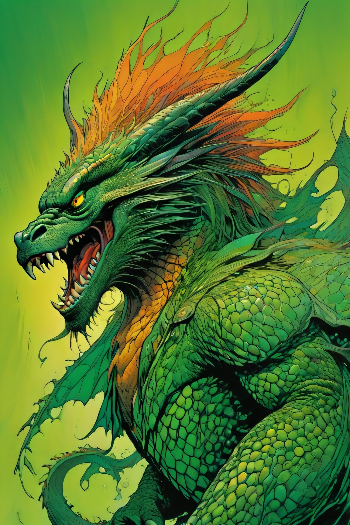 close up of A dragon face,  screaming at the viewer, raging, long hair, the arm and shoulder are covered in a very detailed intricate Green and Orange dragon tattoo that is protruding outfrom the skin, coming alive, its screaming, scratching, similar to dragon tattoo by Boris Vallejo, slowly you see the small dragon tattoo in parts is coming out of the skin and becoming a real version of the tattoo, sticking out, scales, extended claws, spit, spittle, blood drops, 16K, movie still, cinematic, ,omatsuri,DonMn1ghtm4reXL,DonMWr41thXL ,potma style,monster,retropunk style,Starship