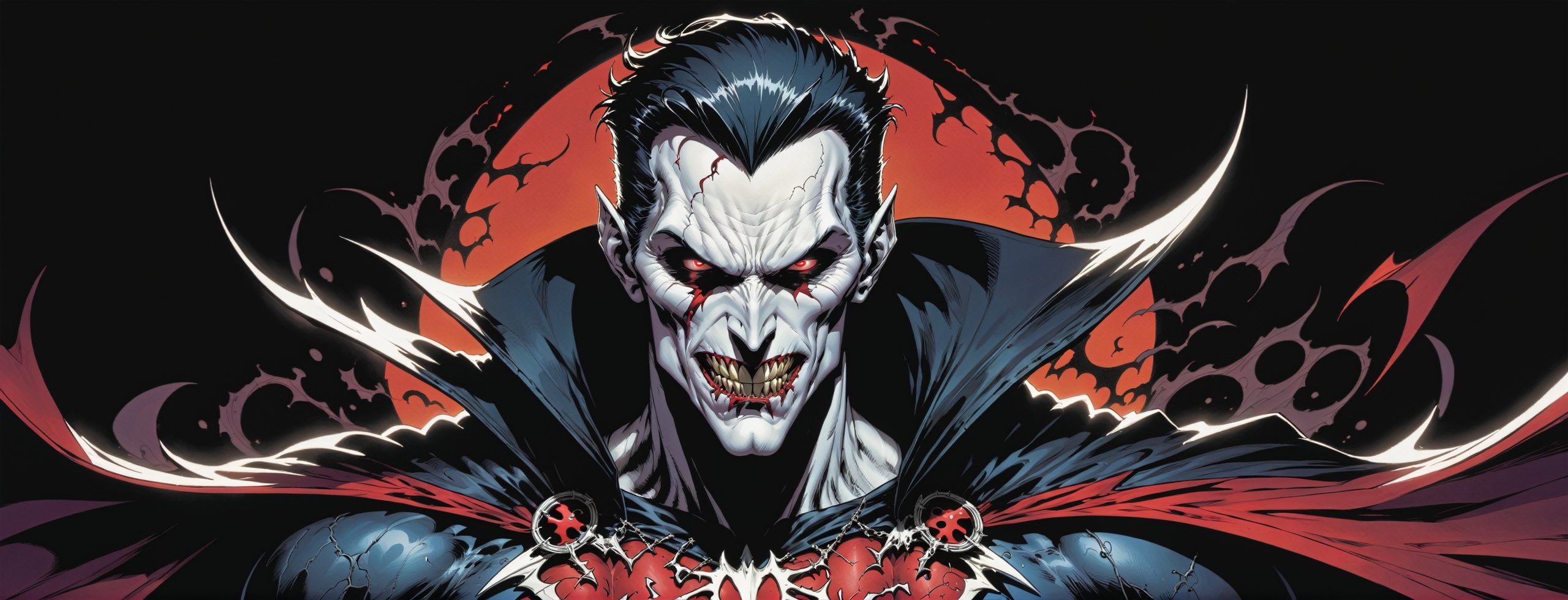 midshot, cel-shading style, centered image, ultra detailed illustration of the comic character ((male Spawn Dracula, by Todd McFarlane)), posing,  he has black  hair, black suit with a skull emblem, long flowing cape, ((Half Body)), (tetradic colors), inkpunk, ink lines, strong outlines, art by MSchiffer, bold traces, unframed, high contrast, cel-shaded, vector, 4k resolution, best quality, (chromatic aberration:1.8)