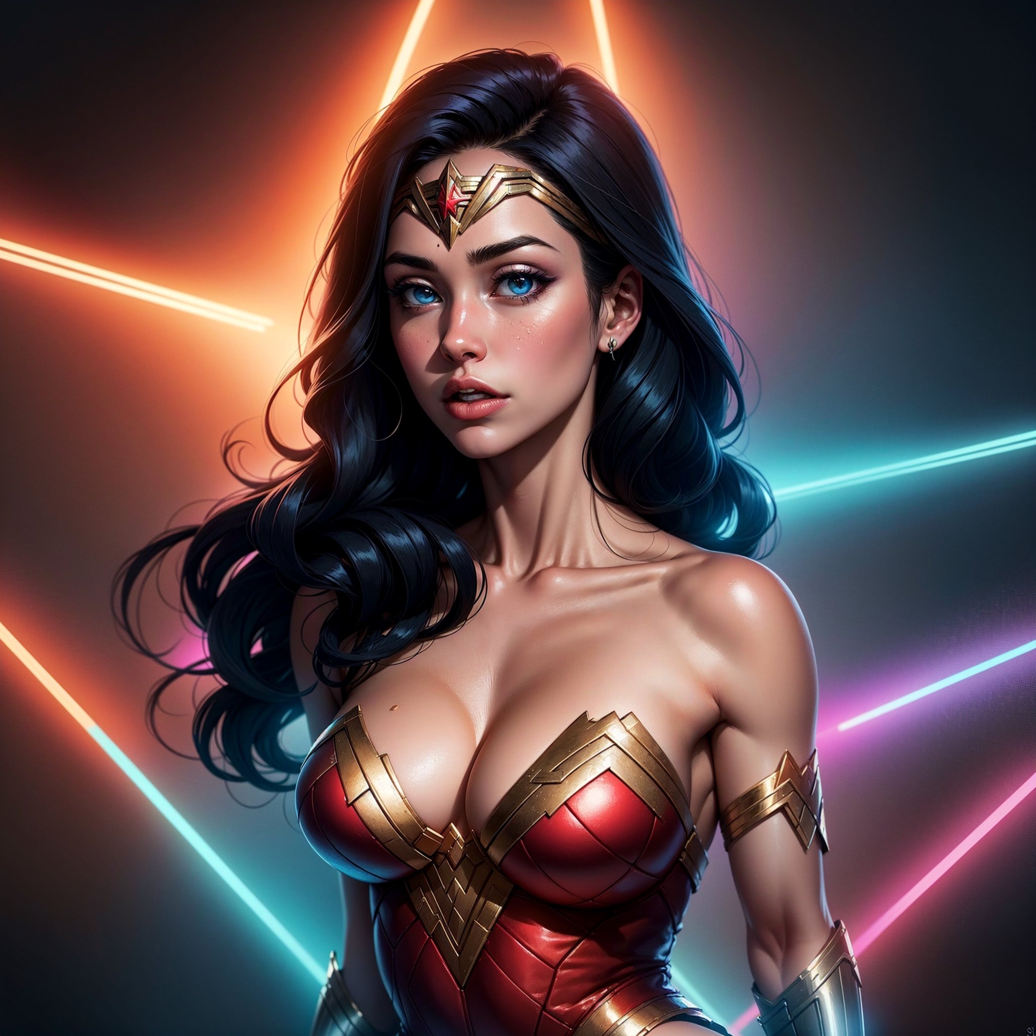 Wonder Woman (big tits) masterpiece, best quality, ((abstract, psychedelic, neon, background)),(creative:1.3), sy3, SMM, fantasy00d