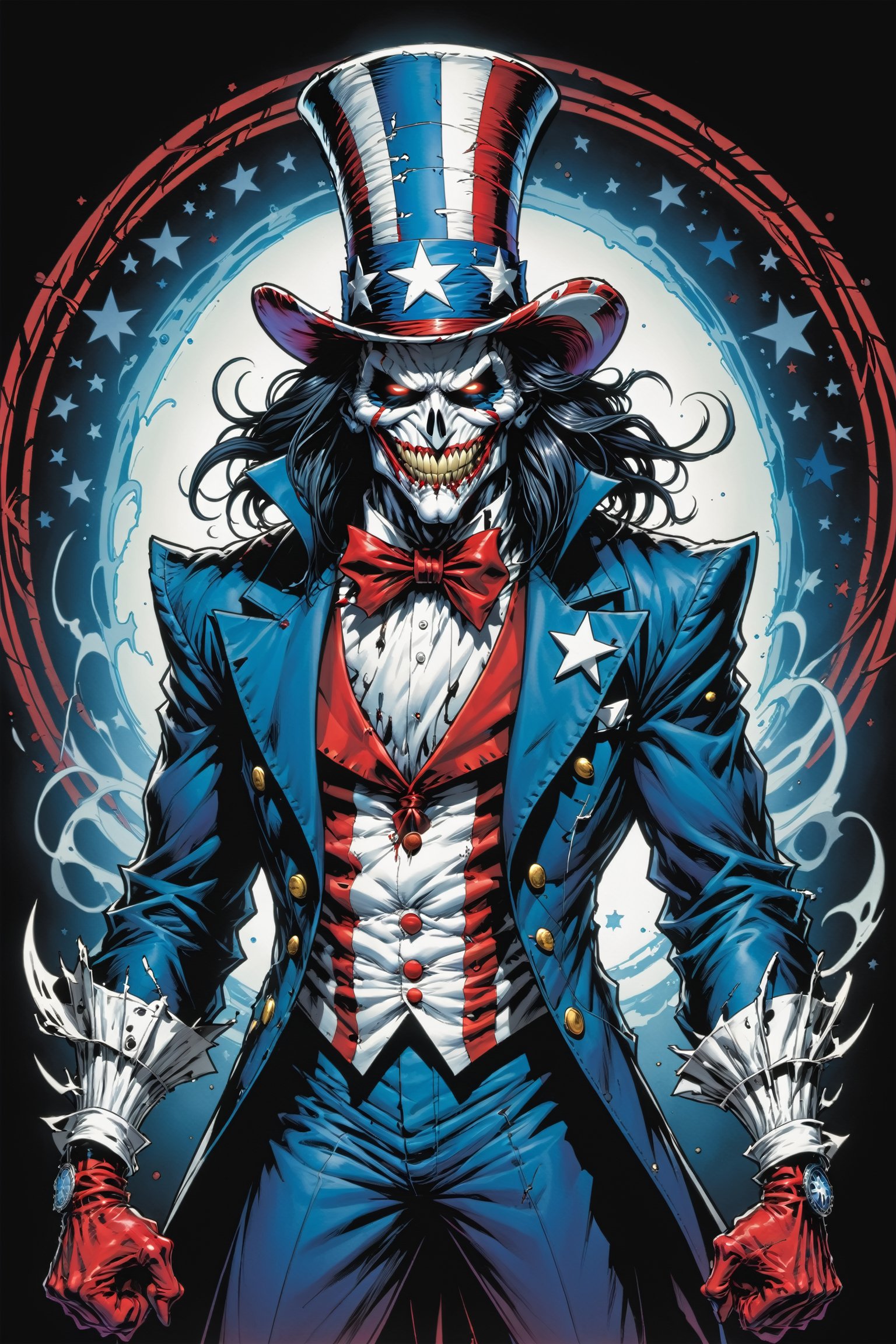 midshot, cel-shading style, centered image, ultra detailed illustration of the comic character ((Spawn Uncle Sam, by Todd McFarlane)), posing, long black long hair, Red white and blue, suit with a skull emblem,  ((Full Body)), (tetradic colors), inkpunk, ink lines, strong outlines, art by MSchiffer, bold traces, unframed, high contrast, cel-shaded, vector, 4k resolution, best quality, (chromatic aberration:1.8)