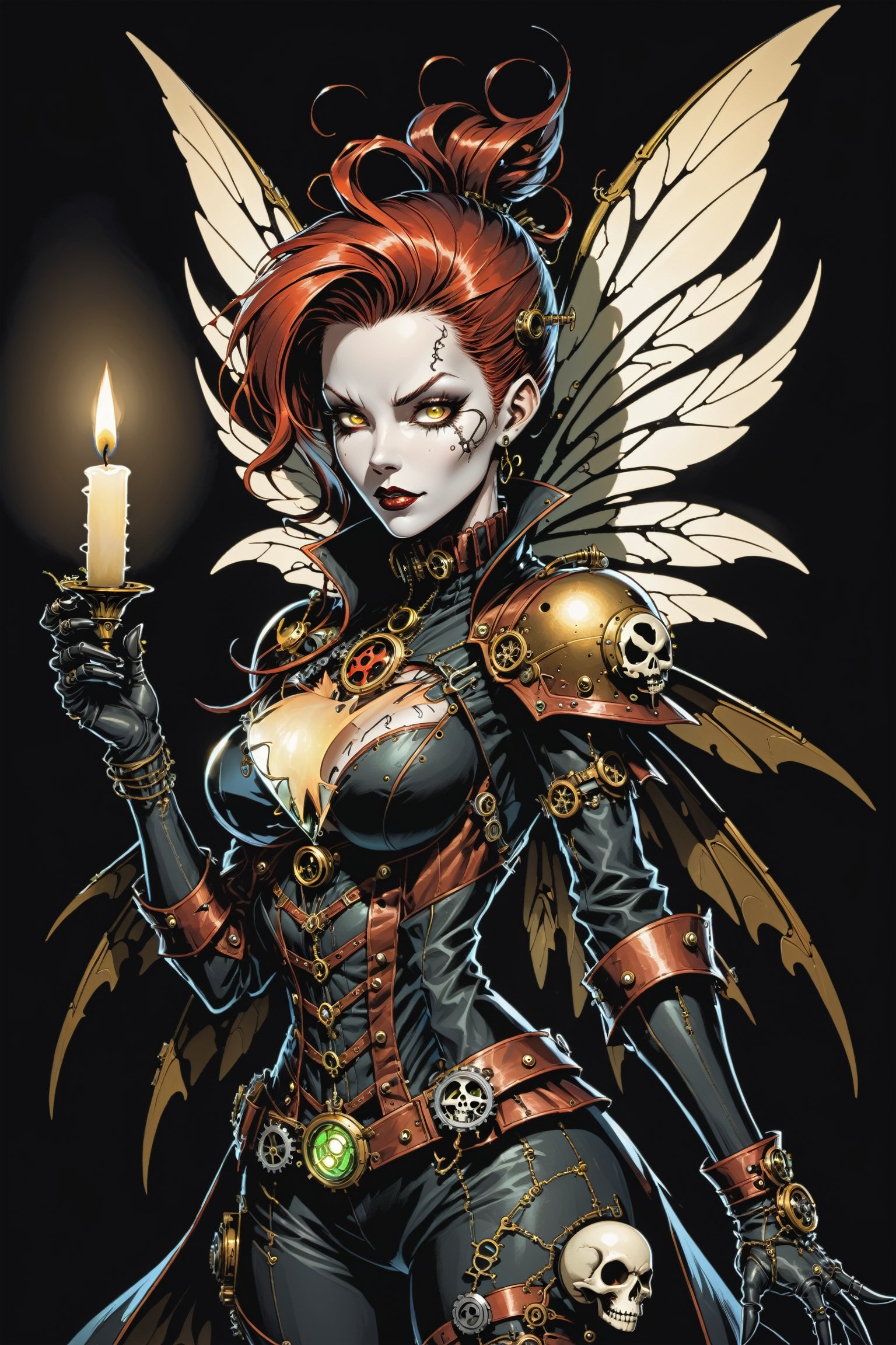 midshot, cel-shading style, centered image, ultra detailed illustration of the comic character ((female Spawn a steampunk faerie, her delicate wings shimmering in the soft glow of candlelight, by Todd McFarlane)), posing, in black and bronze suit with a skull emblem, ((holding a candle in one hand)), ((perfect hands)), ((closed hands)), ((Half Body)), (tetradic colors), inkpunk, ink lines, strong outlines, art by MSchiffer, bold traces, unframed, high contrast, cel-shaded, vector, 4k resolution, best quality, (chromatic aberration:1.8)