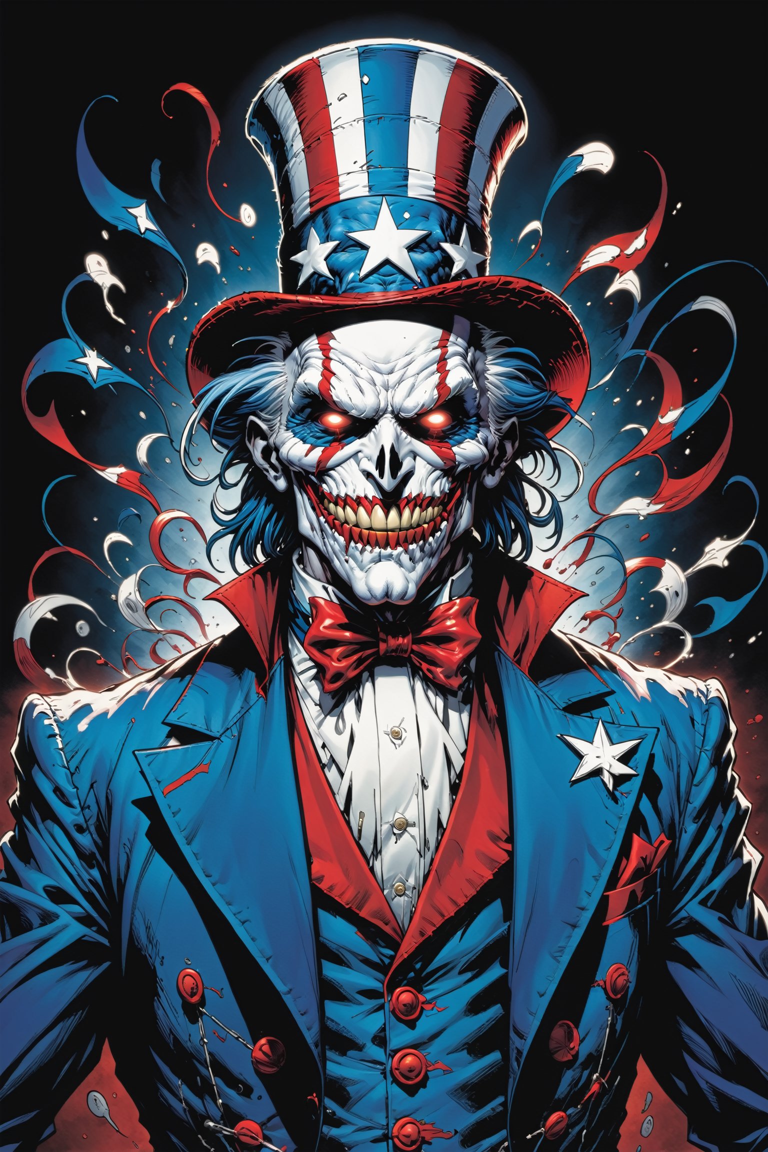 midshot, cel-shading style, centered image, ultra detailed illustration of the comic character ((Spawn Uncle Sam, by Todd McFarlane)), posing, Red white and blue, suit with a skull emblem,  ((Full Body)), (tetradic colors), inkpunk, ink lines, strong outlines, art by MSchiffer, bold traces, unframed, high contrast, cel-shaded, vector, 4k resolution, best quality, (chromatic aberration:1.8)