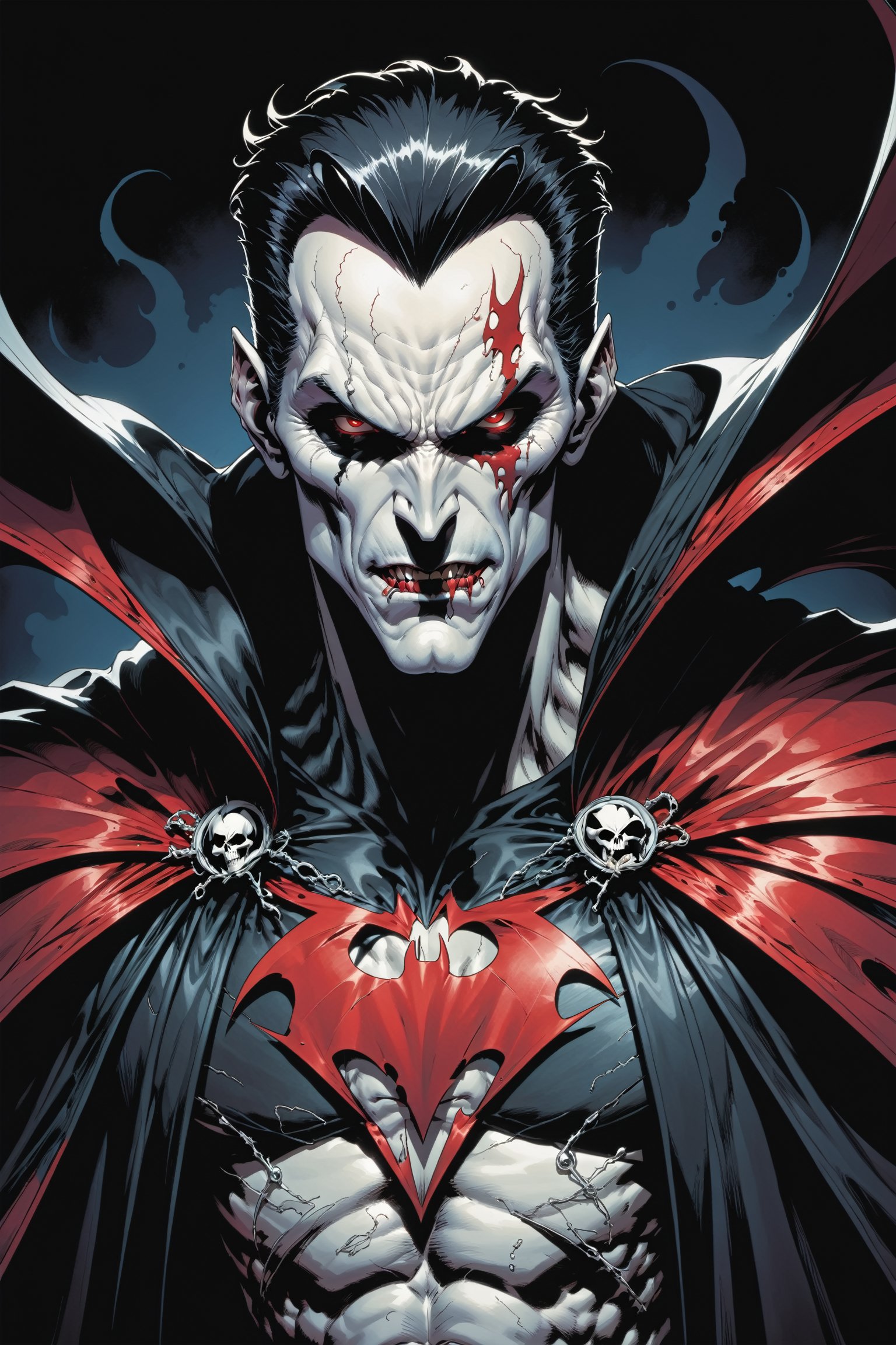 midshot, cel-shading style, centered image, ultra detailed illustration of the comic character ((male Spawn Dracula, by Todd McFarlane)), posing,  he has black  hair, black suit with a skull emblem, long flowing cape, ((Half Body)), (tetradic colors), inkpunk, ink lines, strong outlines, art by MSchiffer, bold traces, unframed, high contrast, cel-shaded, vector, 4k resolution, best quality, (chromatic aberration:1.8)