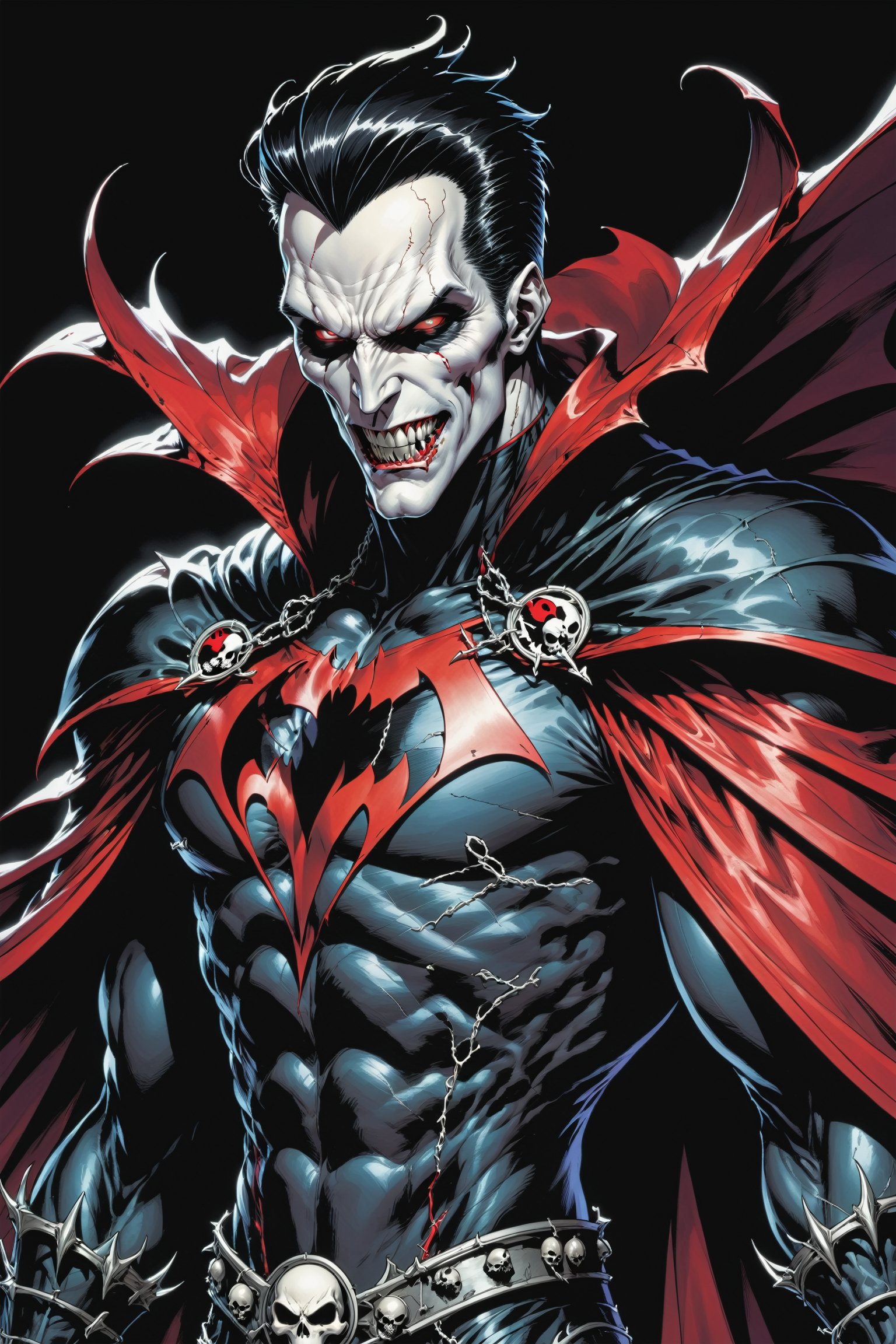 midshot, cel-shading style, centered image, ultra detailed illustration of the comic character ((male Spawn Dracula, by Todd McFarlane)), posing,  he has black  hair, black suit with a skull emblem, long flowing cape, ((Half Body)), (tetradic colors), inkpunk, ink lines, strong outlines, art by MSchiffer, bold traces, unframed, high contrast, cel-shaded, vector, 4k resolution, best quality, (chromatic aberration:1.8)