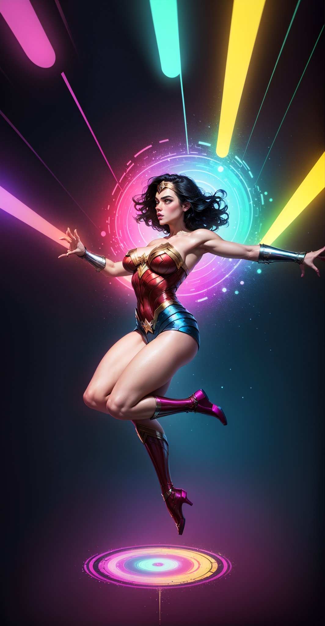 Wonder Woman (big tits),(( side view,)),((full body)),((floating in air)),masterpiece, best quality, ((abstract, psychedelic, neon, background)),(creative:1.3), sy3, SMM, fantasy00d