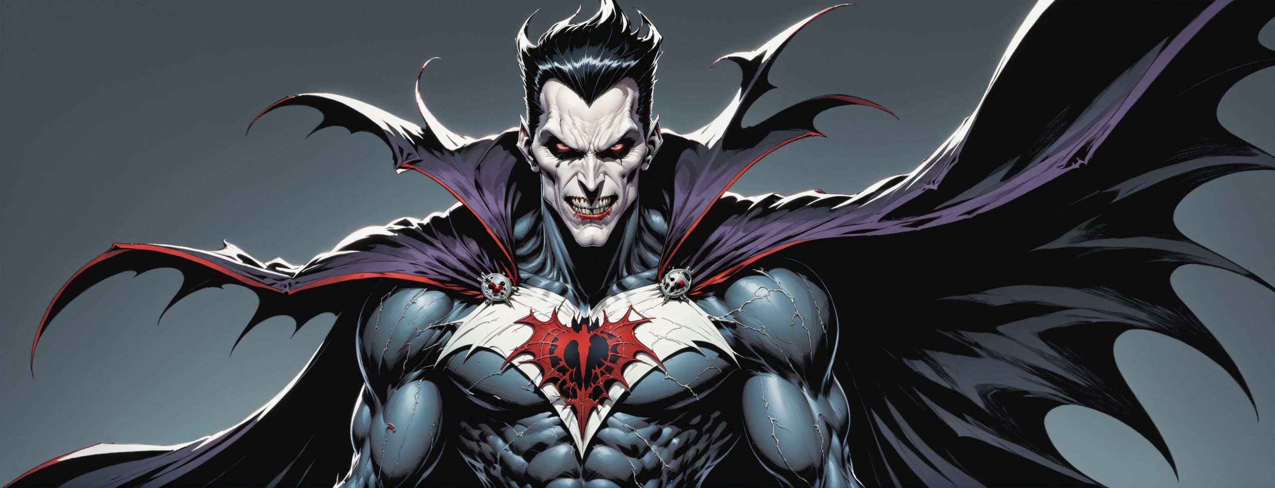 midshot, cel-shading style, centered image, ultra detailed illustration of the comic character ((male Spawn Dracula, by Todd McFarlane)), posing,  he has black  hair, black suit with a skull emblem, long flowing cape, ((Half Body)), (tetradic colors), inkpunk, ink lines, strong outlines, art by MSchiffer, bold traces, unframed, high contrast, cel-shaded, vector, 4k resolution, best quality, (chromatic aberration:1.8)