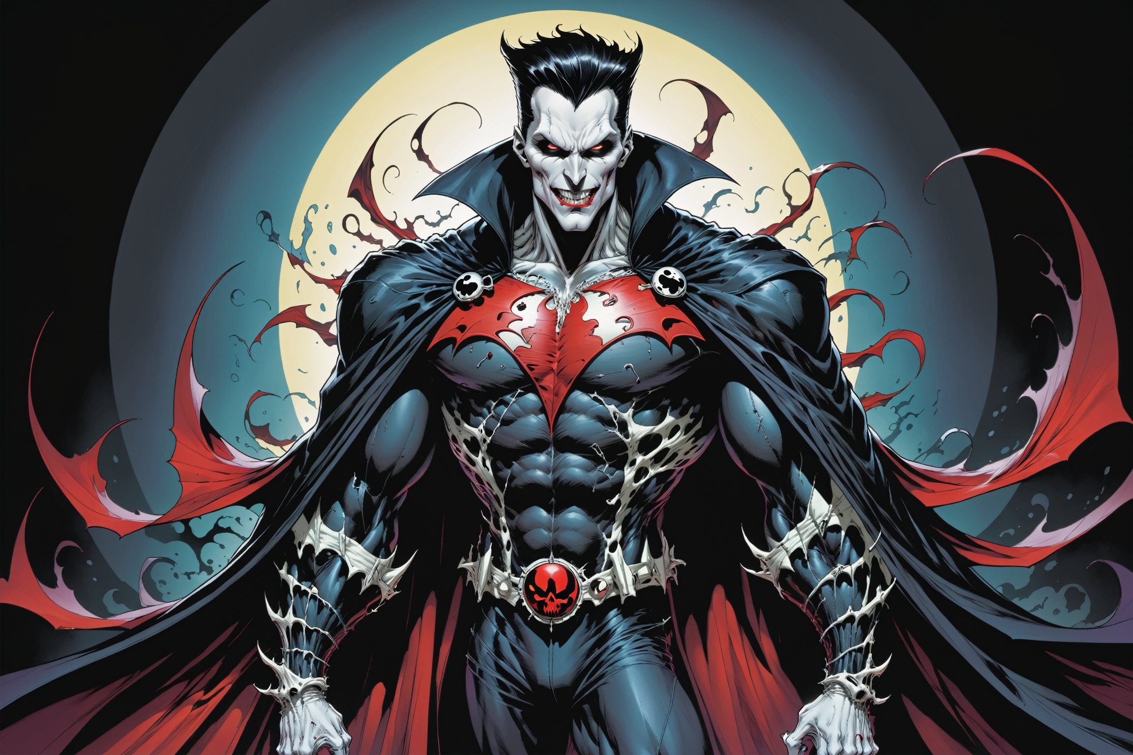 midshot, cel-shading style, centered image, ultra detailed illustration of the comic character ((male Spawn Dracula, by Todd McFarlane)), posing,  he has black  hair, black suit with a skull emblem, long flowing cape, ((Half Body)), (tetradic colors), inkpunk, ink lines, strong outlines, art by MSchiffer, bold traces, unframed, high contrast, cel-shaded, vector, 4k resolution, best quality, (chromatic aberration:1.8)