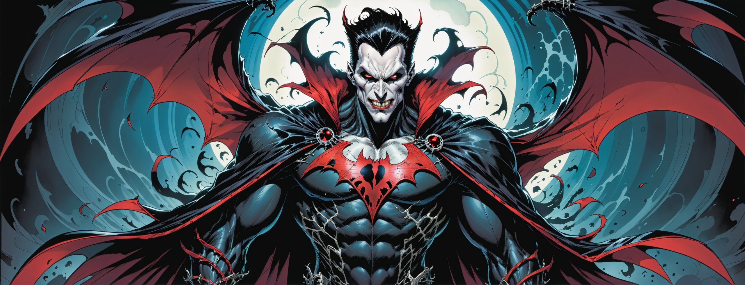 midshot, cel-shading style, centered image, ultra detailed illustration of the comic character ((male Spawn Dracula, by Todd McFarlane)), posing,  he has black  hair, black suit with a skull emblem, long flowing cape, ((Half Body)), (tetradic colors), inkpunk, ink lines, strong outlines, art by MSchiffer, bold traces, unframed, high contrast, cel-shaded, vector, 4k resolution, best quality, (chromatic aberration:1.8)