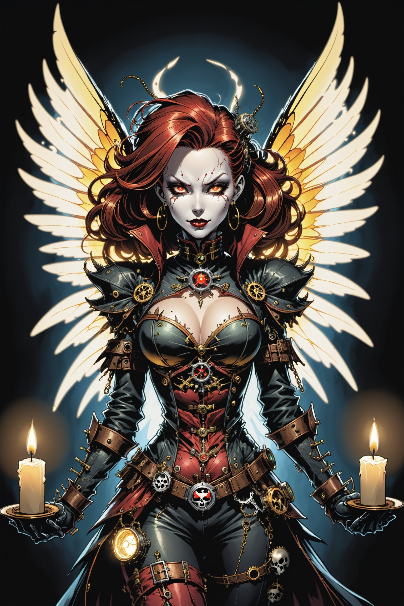 midshot, cel-shading style, centered image, ultra detailed illustration of the comic character ((female Spawn a steampunk faerie, her delicate wings shimmering in the soft glow of candlelight, by Todd McFarlane)), posing, in black and bronze suit with a skull emblem, ((holding a candle in one hand)), ((perfect hands)), ((closed hands)), ((Half Body)), (tetradic colors), inkpunk, ink lines, strong outlines, art by MSchiffer, bold traces, unframed, high contrast, cel-shaded, vector, 4k resolution, best quality, (chromatic aberration:1.8)