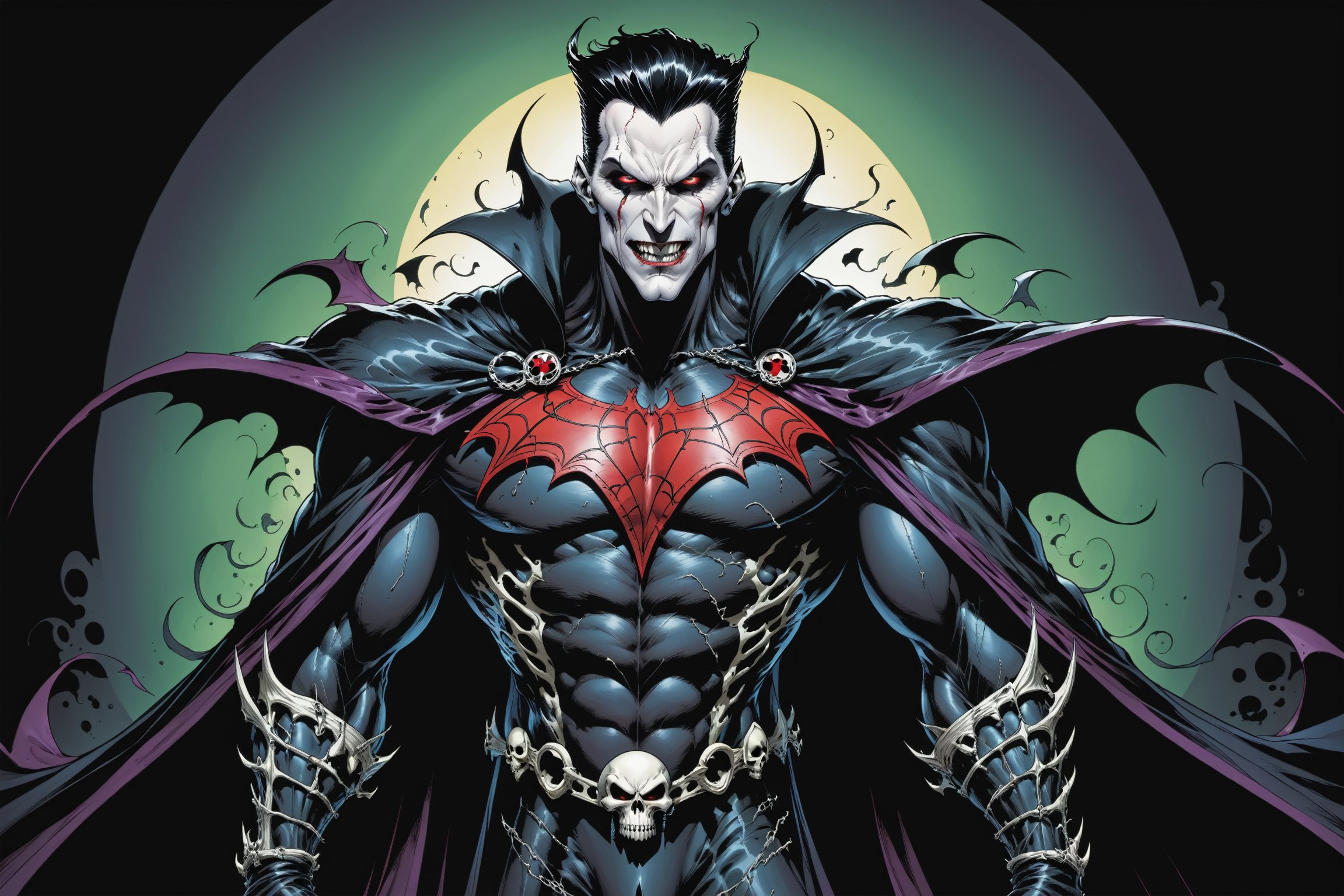 midshot, cel-shading style, centered image, ultra detailed illustration of the comic character ((male Spawn Dracula, by Todd McFarlane)), posing,  he has black  hair, black suit with a skull emblem, long flowing cape, ((Half Body)), (tetradic colors), inkpunk, ink lines, strong outlines, art by MSchiffer, bold traces, unframed, high contrast, cel-shaded, vector, 4k resolution, best quality, (chromatic aberration:1.8)