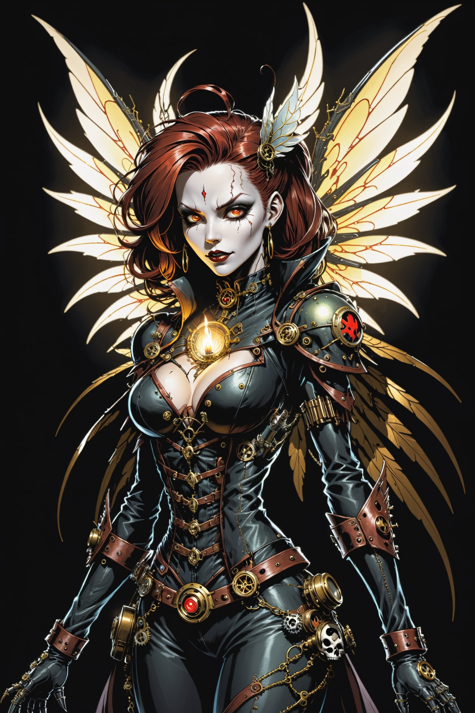 midshot, cel-shading style, centered image, ultra detailed illustration of the comic character ((female Spawn a steampunk faerie, her delicate wings shimmering in the soft glow of candlelight, by Todd McFarlane)), posing, in black and bronze suit with a skull emblem, ((holding a candle in one hand)), ((perfect hands)), ((closed hands)), ((close-up of her face)), (tetradic colors), inkpunk, ink lines, strong outlines, art by MSchiffer, bold traces, unframed, high contrast, cel-shaded, vector, 4k resolution, best quality, (chromatic aberration:1.8)