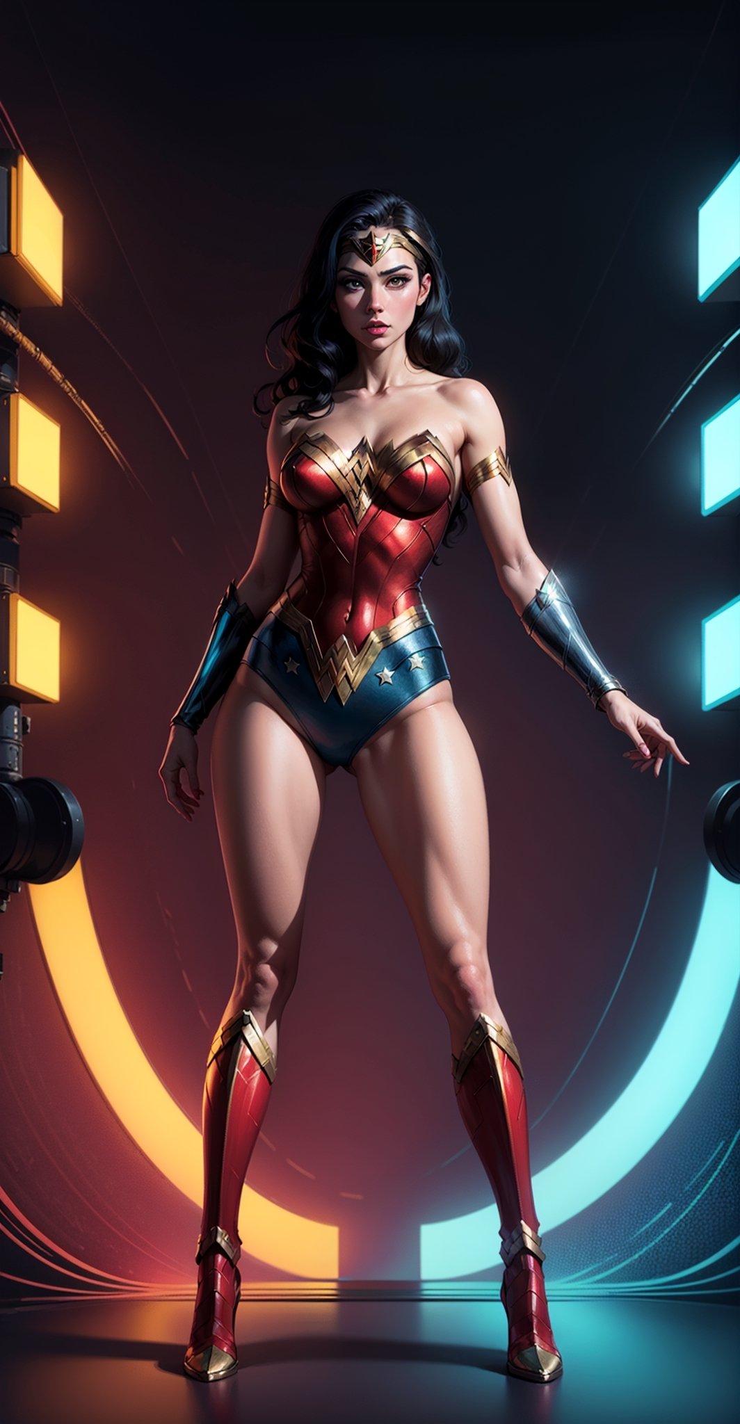 Wonder Woman ((full body)), (big tits) masterpiece, best quality, ((abstract, psychedelic, neon, background)),(creative:1.3), sy3, SMM, fantasy00d