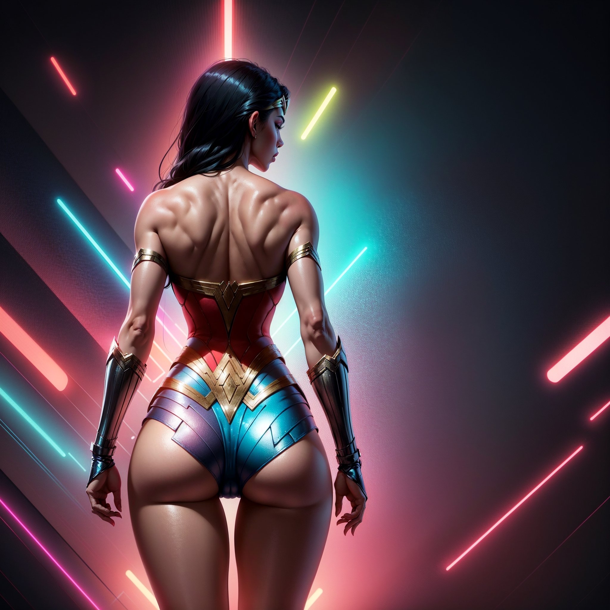 Wonder Woman (big tits),(( view from behind)), masterpiece, best quality, ((abstract, psychedelic, neon, background)),(creative:1.3), sy3, SMM, fantasy00d