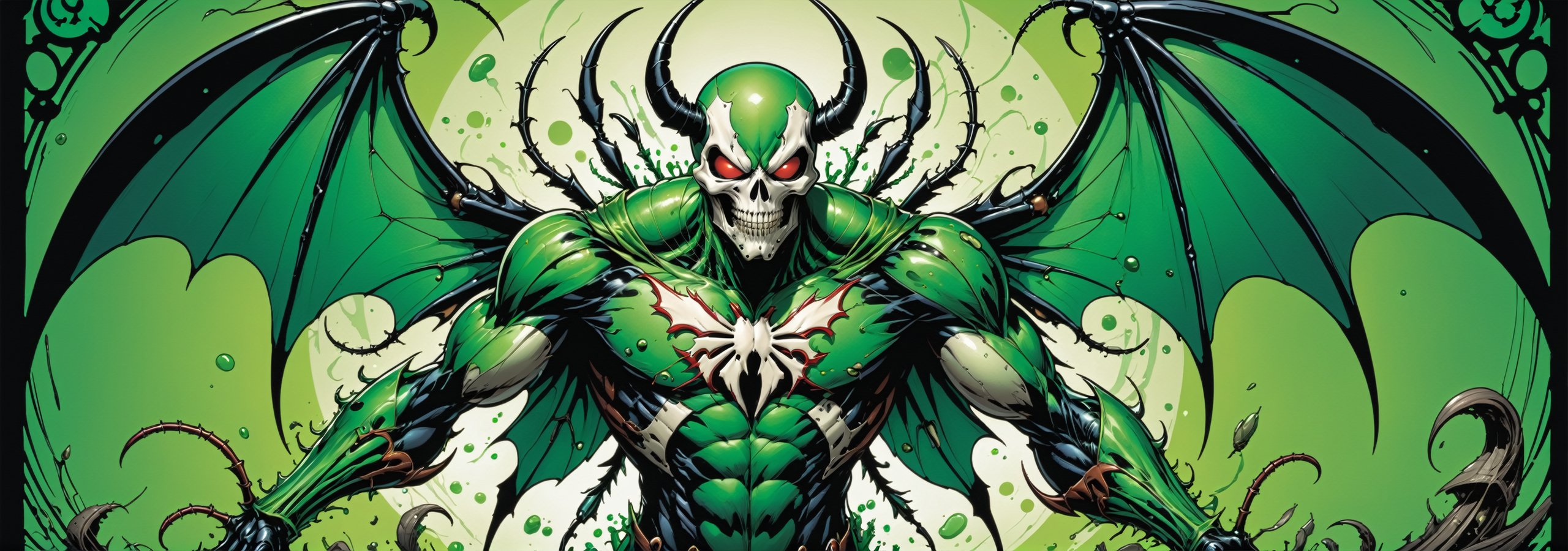 midshot, cel-shading style, centered image, ultra detailed illustration of the comic character ((Insect Spawn by Todd McFarlane)), posing, green, light green, brown, and black suit with a skull emblem, ((Full Body)), ((beetle, wings)),ornate background, (tetradic colors), inkpunk, ink lines, strong outlines, art by MSchiffer, bold traces, unframed, high contrast, cel-shaded, vector, 4k resolution, best quality, (chromatic aberration:1.8)