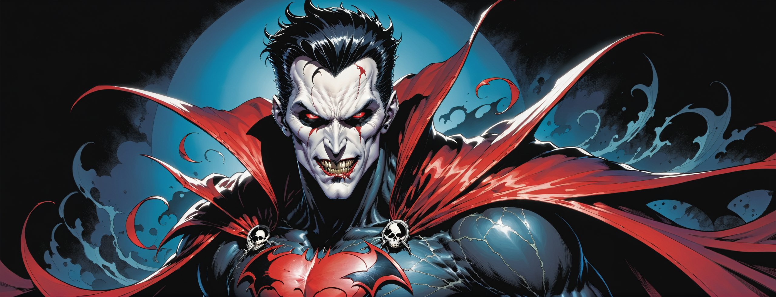 midshot, cel-shading style, centered image, ultra detailed illustration of the comic character ((male Spawn Dracula, by Todd McFarlane)), posing,  he has black  hair, black suit with a skull emblem, long flowing cape, ((Half Body)), (tetradic colors), inkpunk, ink lines, strong outlines, art by MSchiffer, bold traces, unframed, high contrast, cel-shaded, vector, 4k resolution, best quality, (chromatic aberration:1.8)