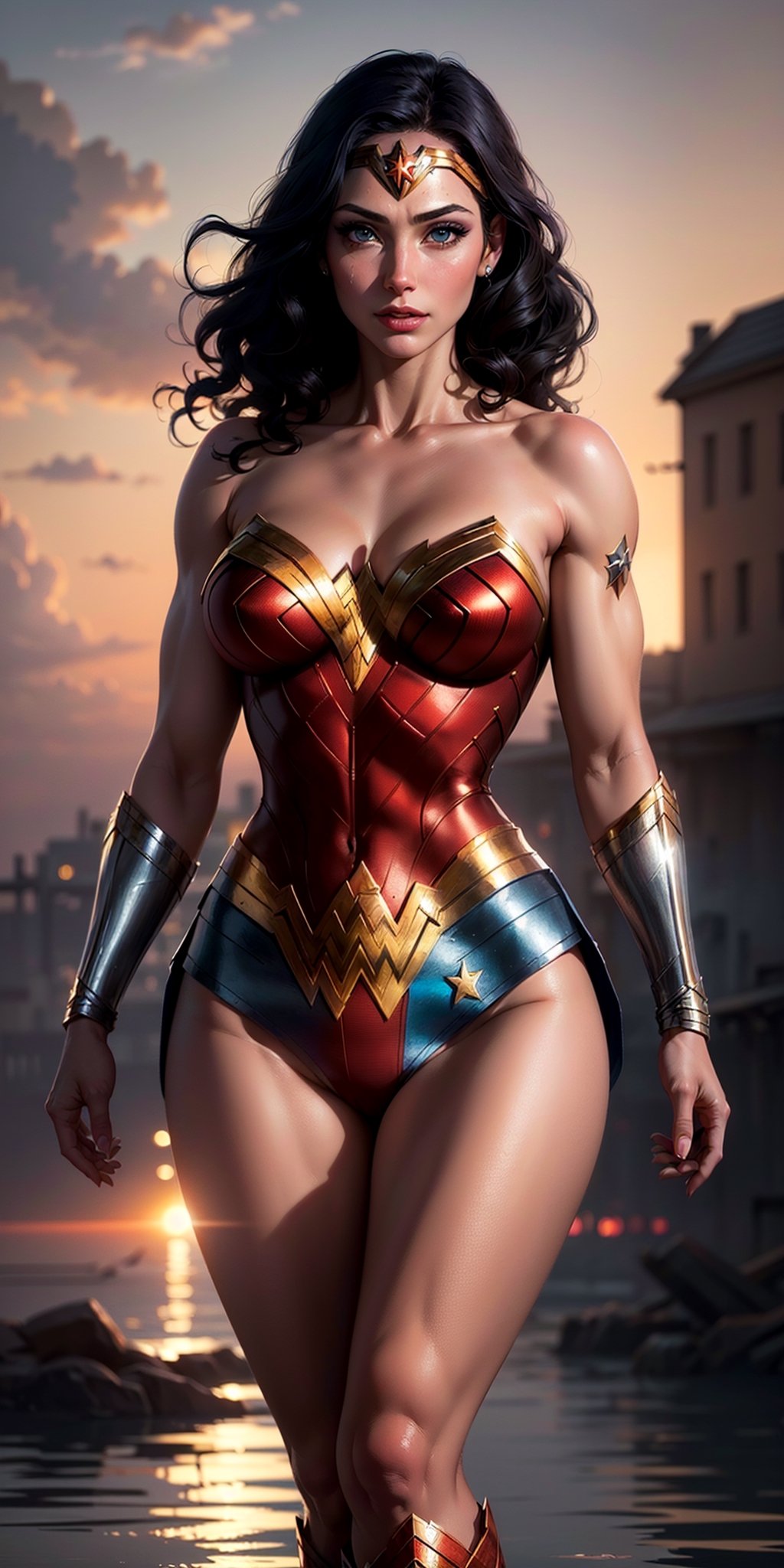 1woman, Wonder Woman, (((floating in the air))),(((flying in the air))), (((flying))),((full body)), ((sunset behind her)),(intricate details, makeup), (delicate and beautiful delicate face, delicate and beautiful delicate eyes, perfectly proportioned face), delicate skin, strong and realistic blue eyes, realistic black hair, lips, makeup, natural skin texture, tiara, jewelry, (star), \(symbol\),(((leotard))), (((wonder woman uniform))), gauntlet, red boots, golden girdle, (public clothing: 1.5), bare shoulders, slightly sunburned complexion, mature, sexy, toned muscles, (muscles:1.2), (((floating in the sky))), (((flying through the clouds))),((strong and healthy body)), ((((more muscles))), long legs, curves, (big breasts: 1.3), thin waist, soft waist, (delicate skin), (beautiful and sexy woman), (swollen lips: 0.9), very delicate muscles, standing,(realistic: 1.5), photorealistic, octane rendering, hyperrealistic, tight modeling, (photorealistic face: 1.2), thick eyelashes, long eyelashes, (curly dark hair: 1.1), best quality, half smile, (looking at the viewer), sharp focus, (4k), (masterpiece), (best quality), fantasy, extremely detailed, intricate, hyper detailed, (perfect face), illustration, soft lighting,(specular lighting:1.4), blue eyes, absurdly photorealistic, ultra high resolution, intricate, hyperdetailed, (skindentation), female, detailed body, (detailed face: 1.1), (outlined iris), (hydrocolor lenses), (perfect eyes), 4k, gorgeous, (masterpiece: 1.2), (best quality:1.2),