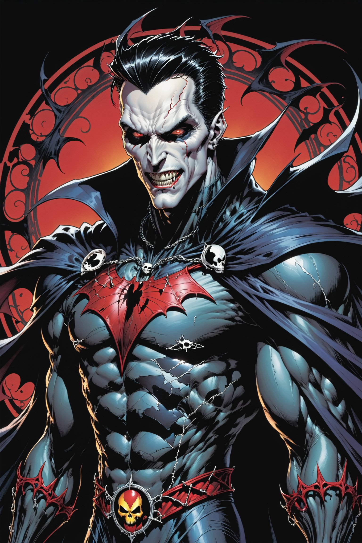 midshot, cel-shading style, centered image, ultra detailed illustration of the comic character ((male Spawn Dracula, by Todd McFarlane)), posing,  he has black  hair, black suit with a skull emblem, long flowing cape, ((Half Body)), (tetradic colors), inkpunk, ink lines, strong outlines, art by MSchiffer, bold traces, unframed, high contrast, cel-shaded, vector, 4k resolution, best quality, (chromatic aberration:1.8)