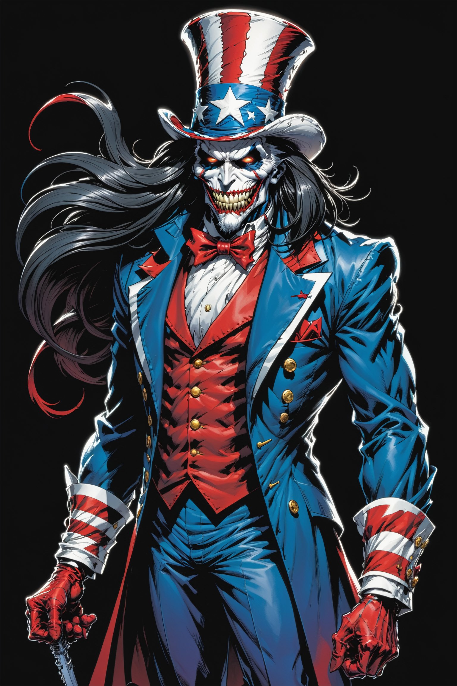 midshot, cel-shading style, centered image, ultra detailed illustration of the comic character ((Spawn Uncle Sam, by Todd McFarlane)), posing, long black long hair, ((she has a tiger tail)), Red white and blue, suit with a skull emblem,  ((Full Body)), (tetradic colors), inkpunk, ink lines, strong outlines, art by MSchiffer, bold traces, unframed, high contrast, cel-shaded, vector, 4k resolution, best quality, (chromatic aberration:1.8)